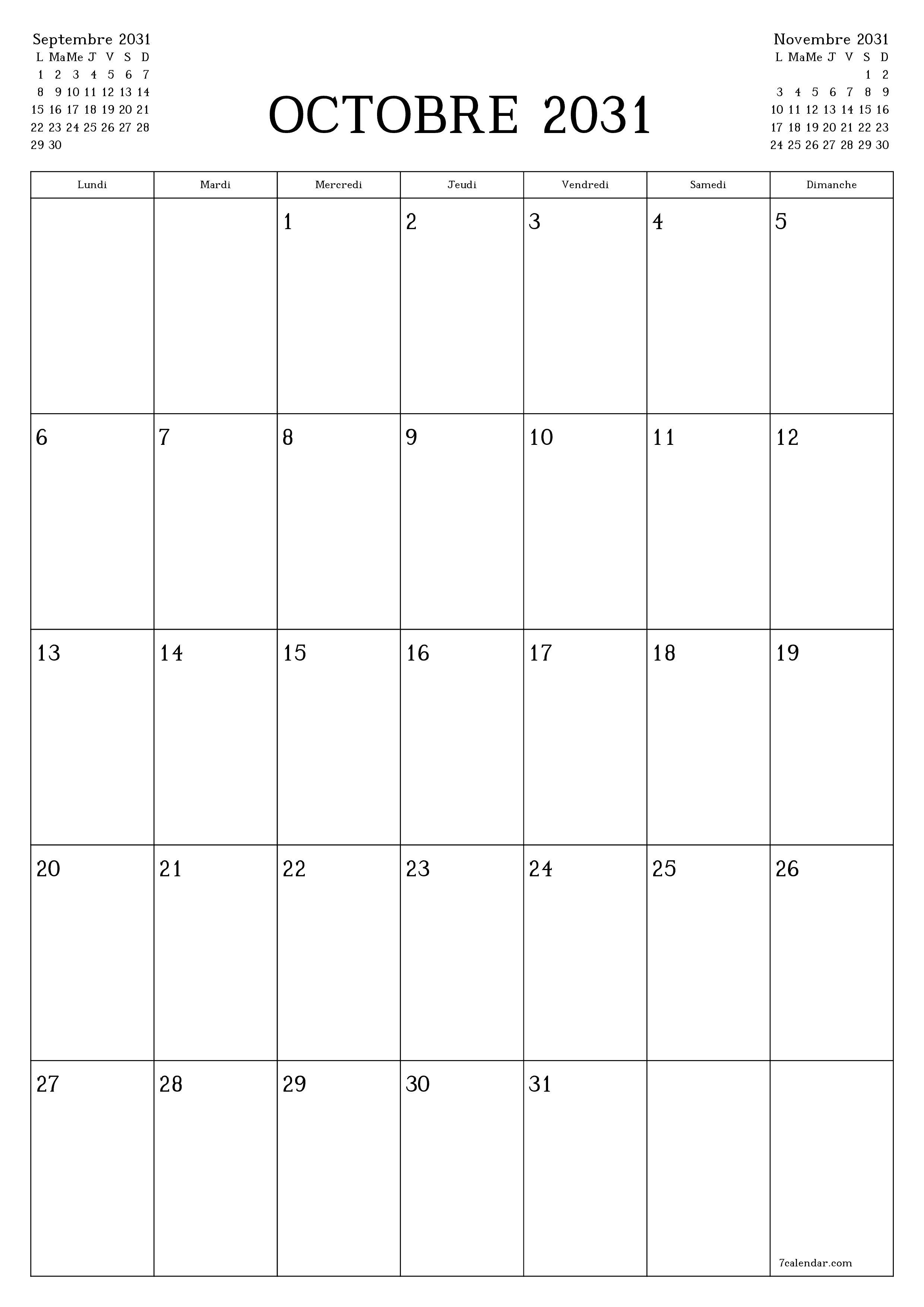  imprimable mural modèle de gratuitverticale Mensuel planificateur calendrier Octobre (Oct) 2031