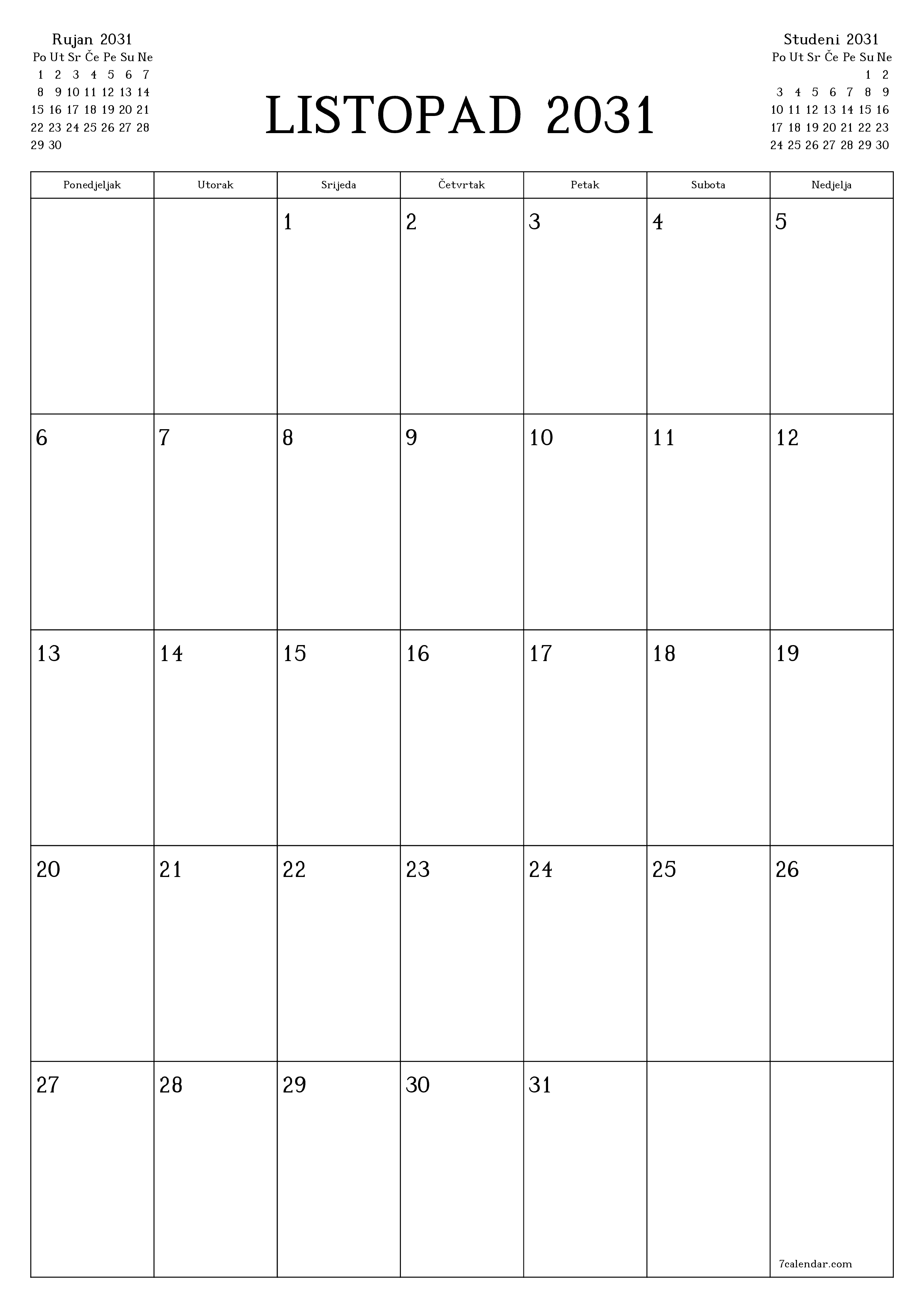  za ispis zidni predložak a besplatni okomito Mjesečni planer kalendar Listopad (Lis) 2031