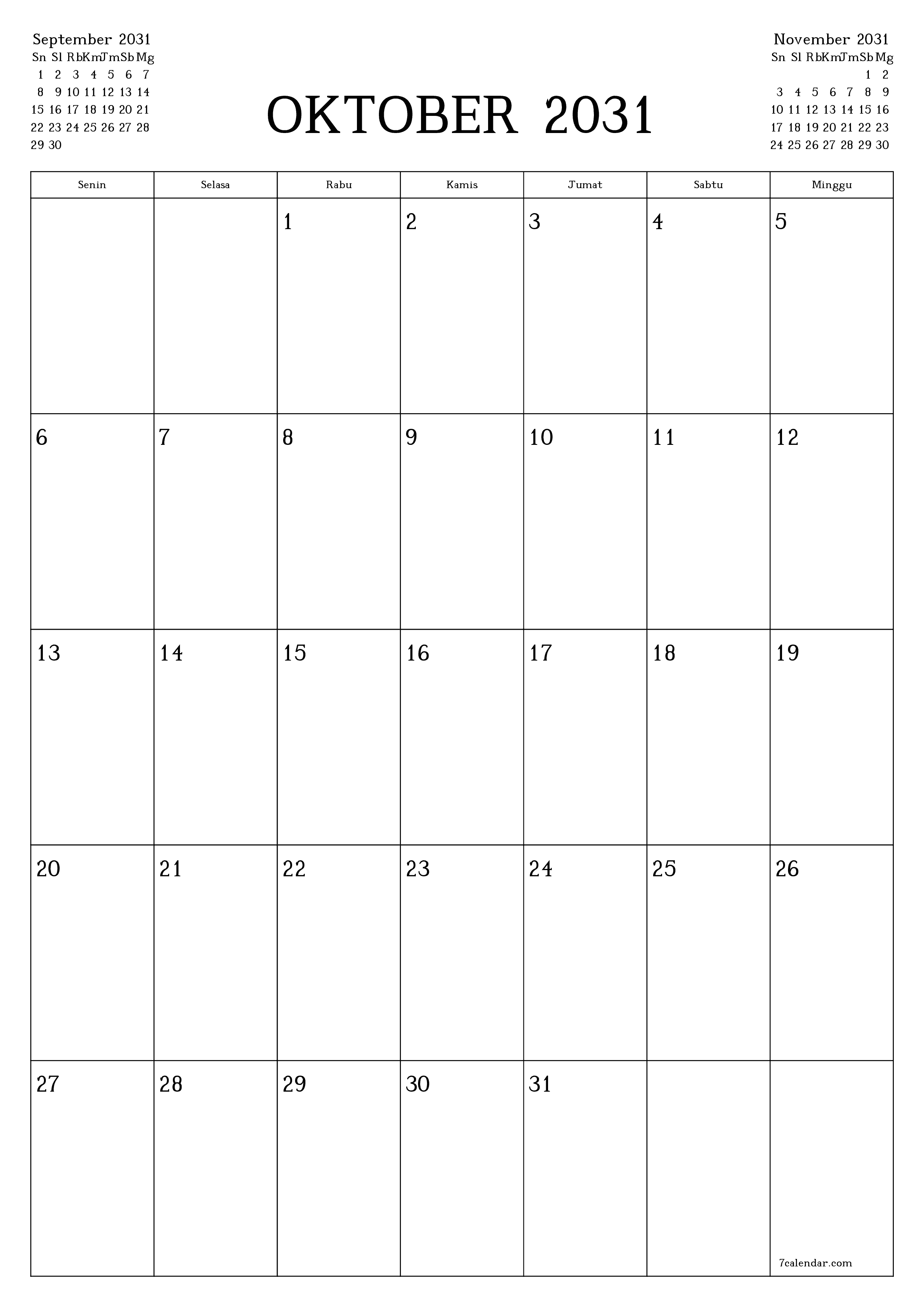 Kosongkan agenda bulanan untuk bulan Oktober 2031 dengan catatan, simpan dan cetak ke PDF PNG Indonesian