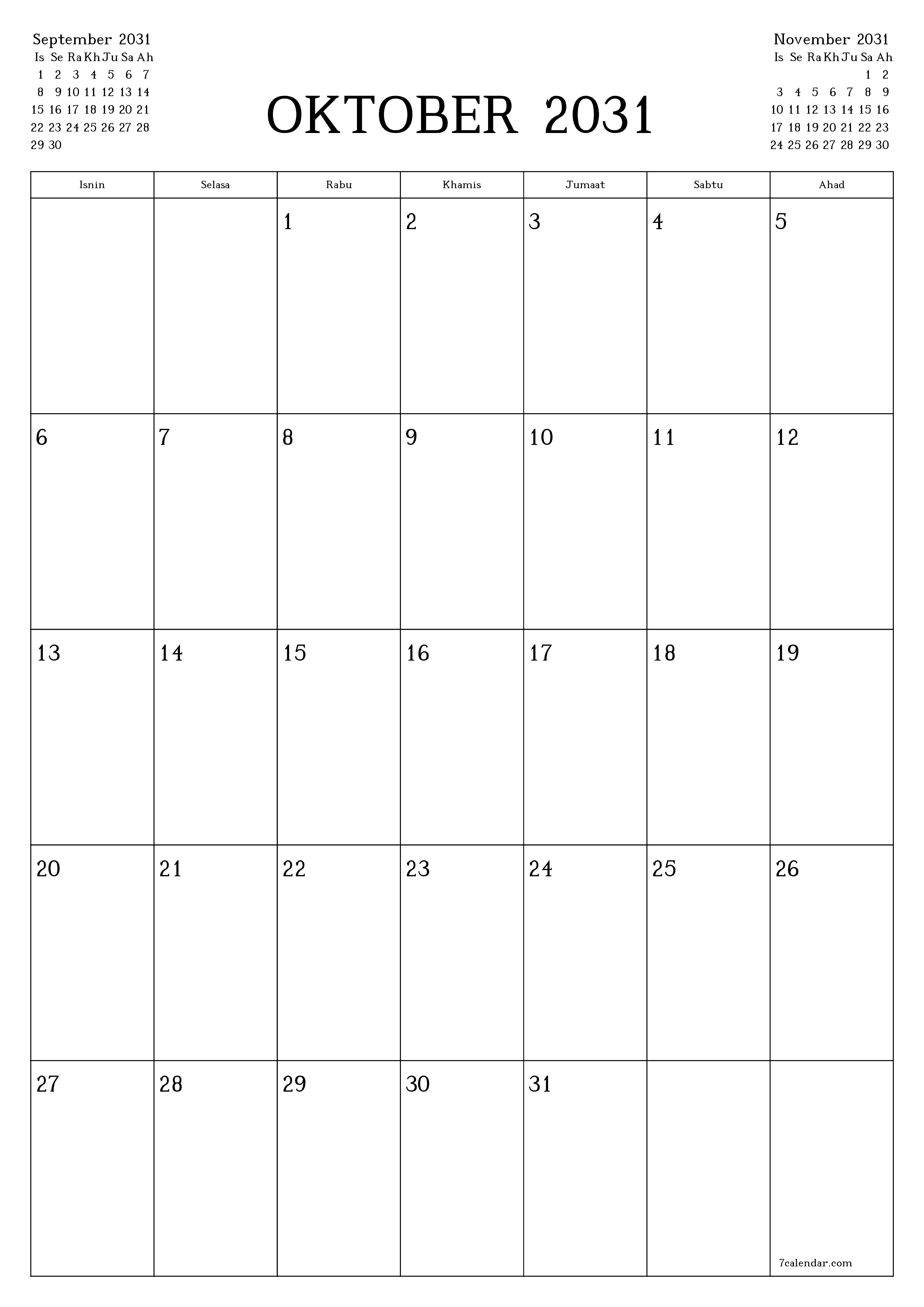 Perancang bulanan kosong untuk bulan Oktober 2031 dengan nota, simpan dan cetak ke PDF PNG Malay