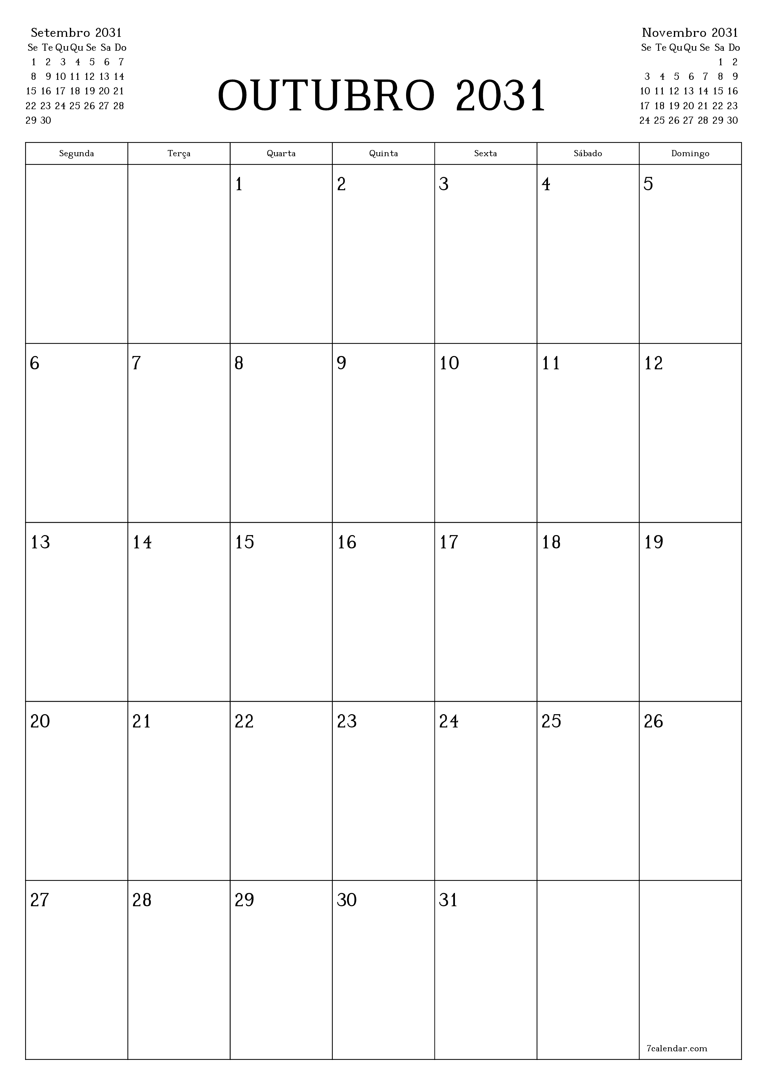  para impressão de parede modelo de grátisvertical Mensal planejador calendário Outubro (Out) 2031