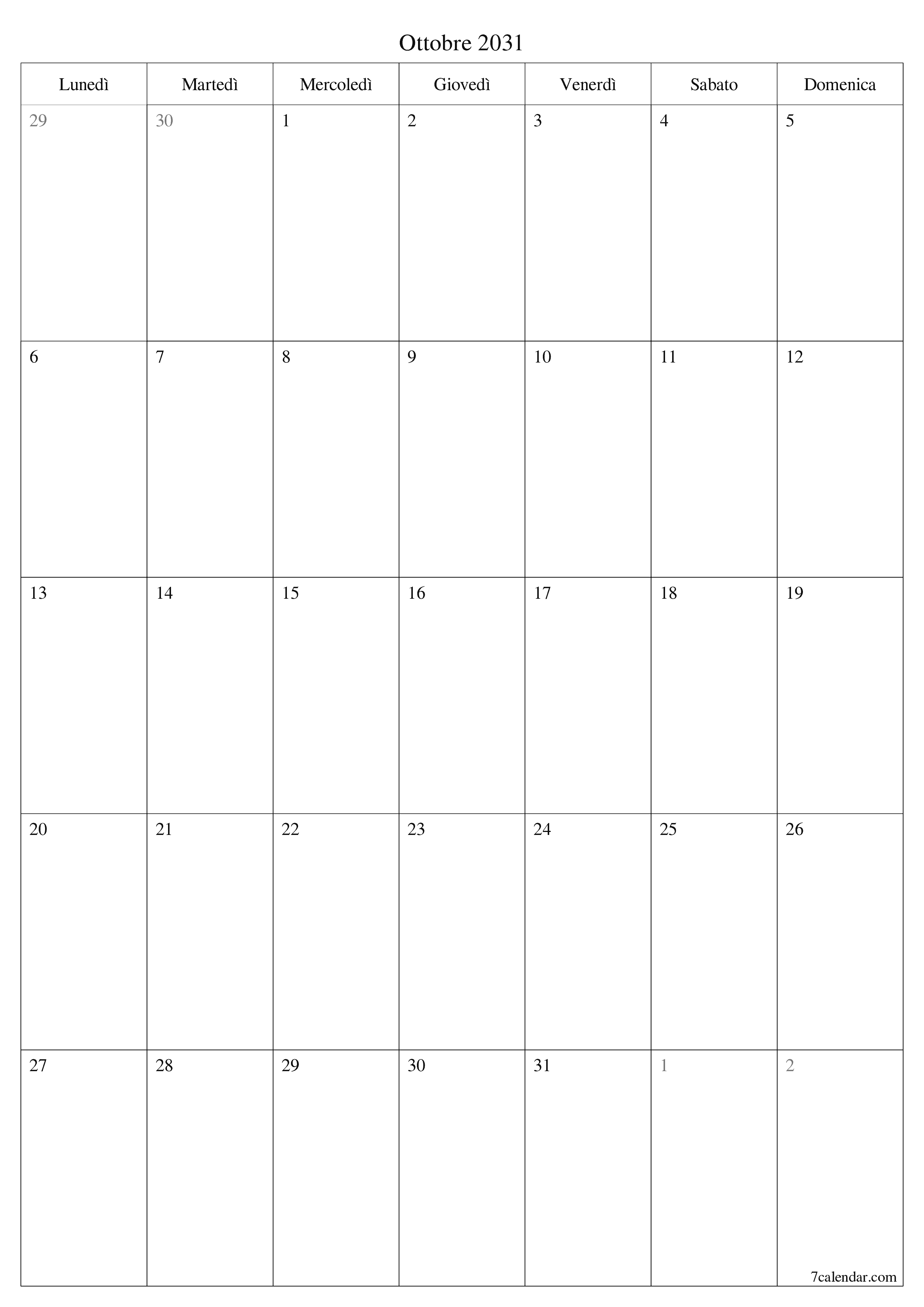 Pianificatore mensile vuoto per il mese Ottobre 2031 con note, salva e stampa in PDF PNG Italian