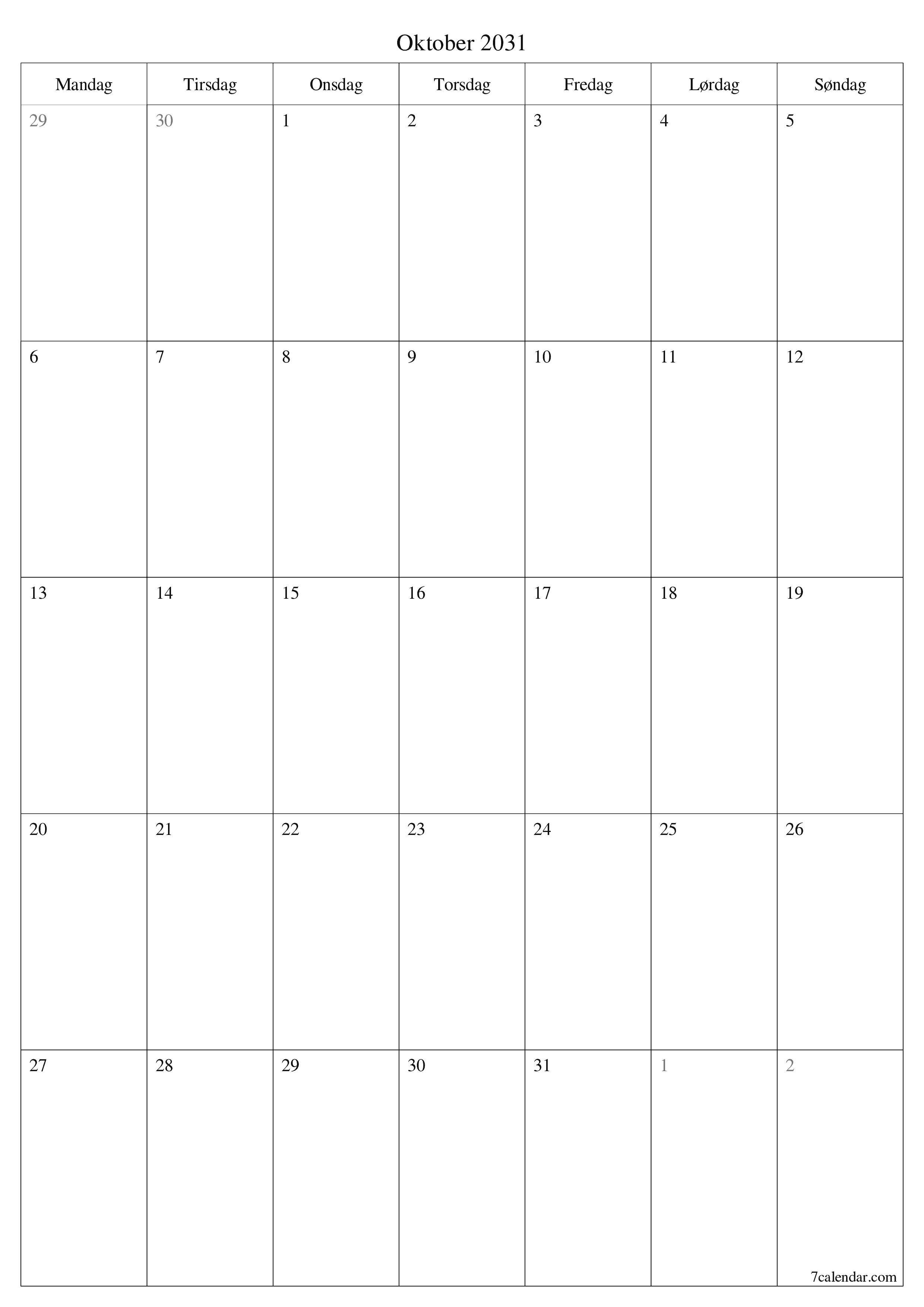 utskrivbar vegg mal gratis vertikal Månedlig planlegger kalender Oktober (Okt) 2031