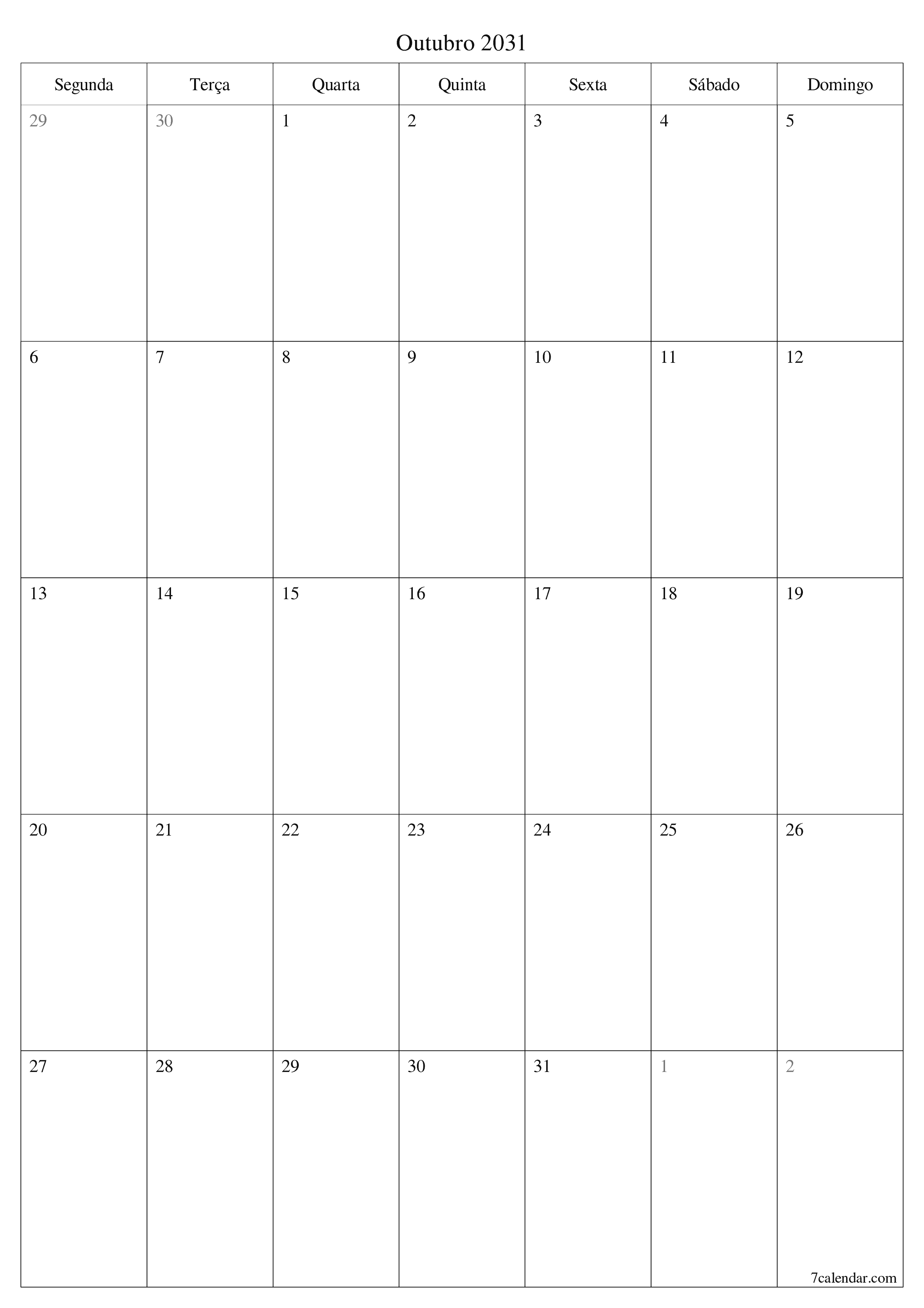  para impressão de parede modelo de grátisvertical Mensal planejador calendário Outubro (Out) 2031
