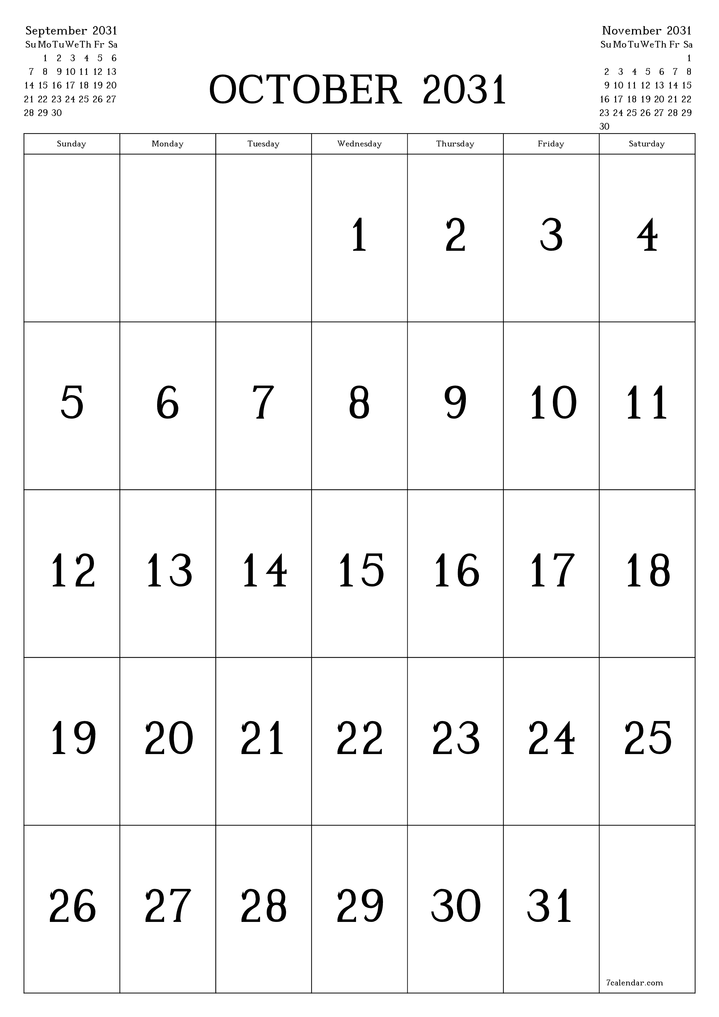 Blank calendar October 2031