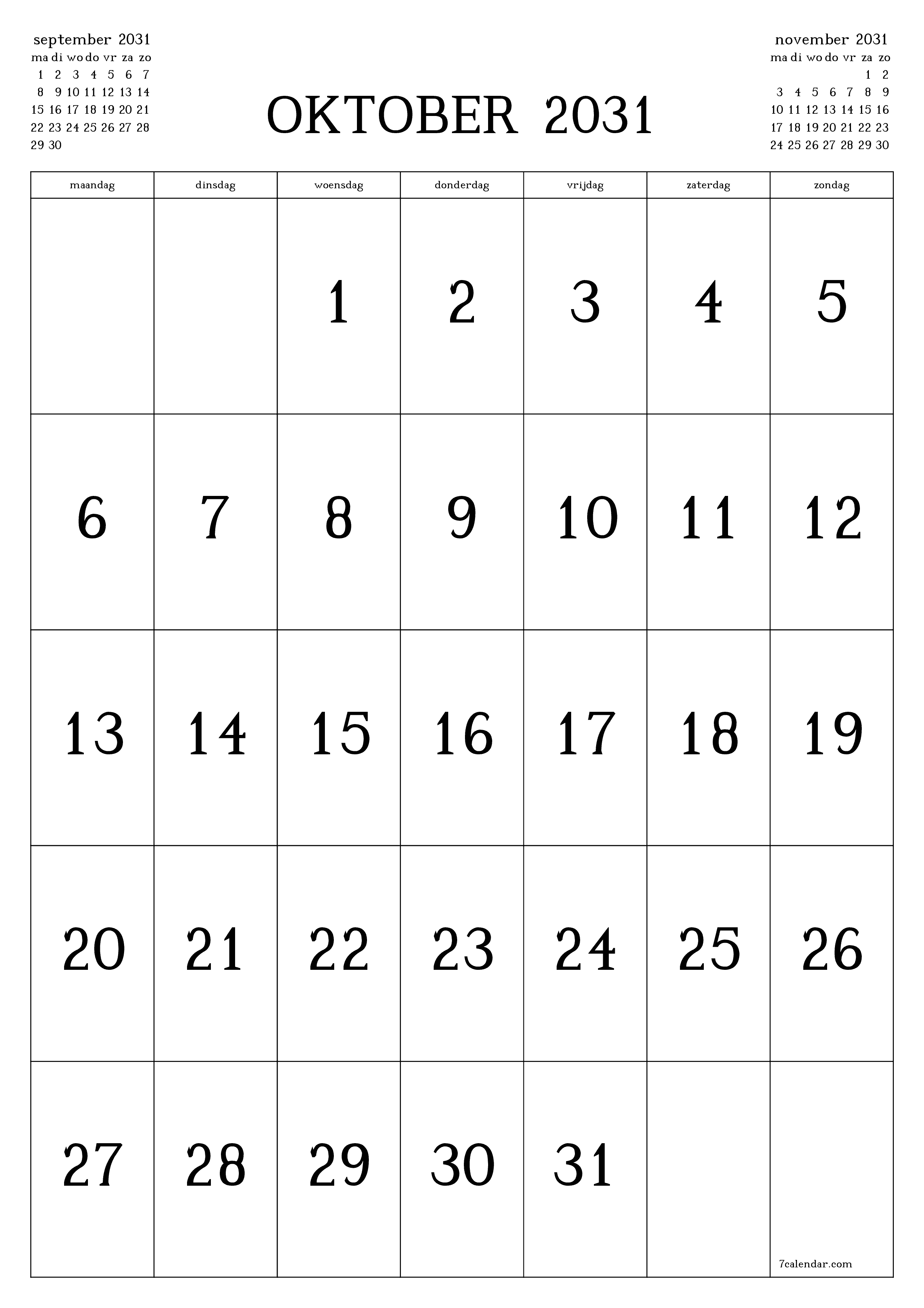 Lege maandplanner voor maand oktober 2031 met notities, opslaan en afdrukken naar pdf PNG Dutch