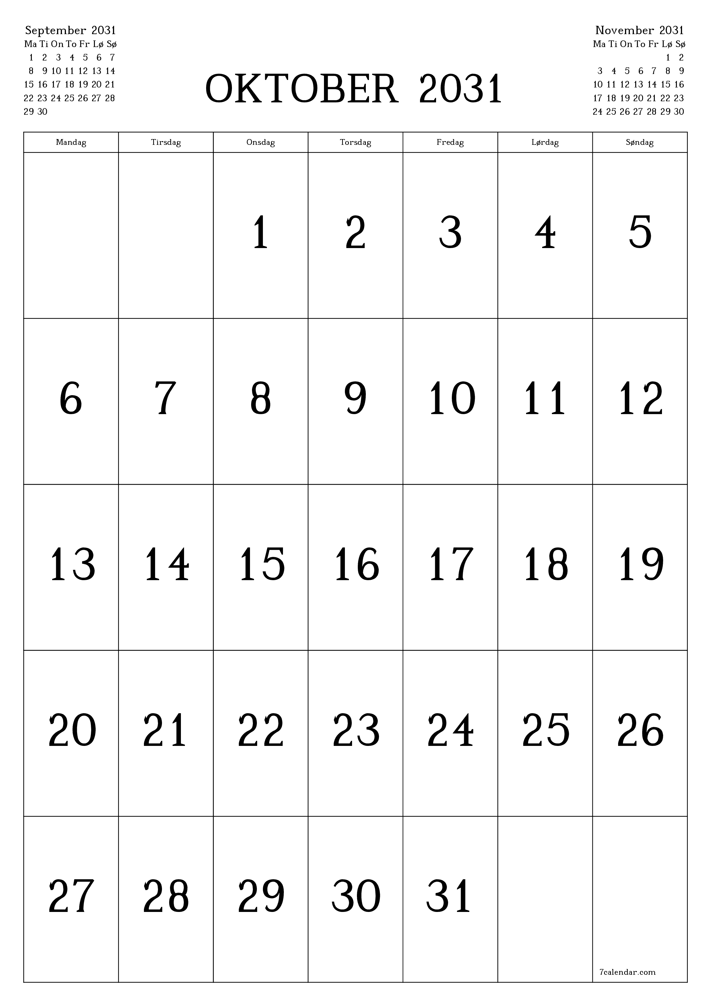 utskrivbar vegg mal gratis vertikal Månedlig kalender Oktober (Okt) 2031