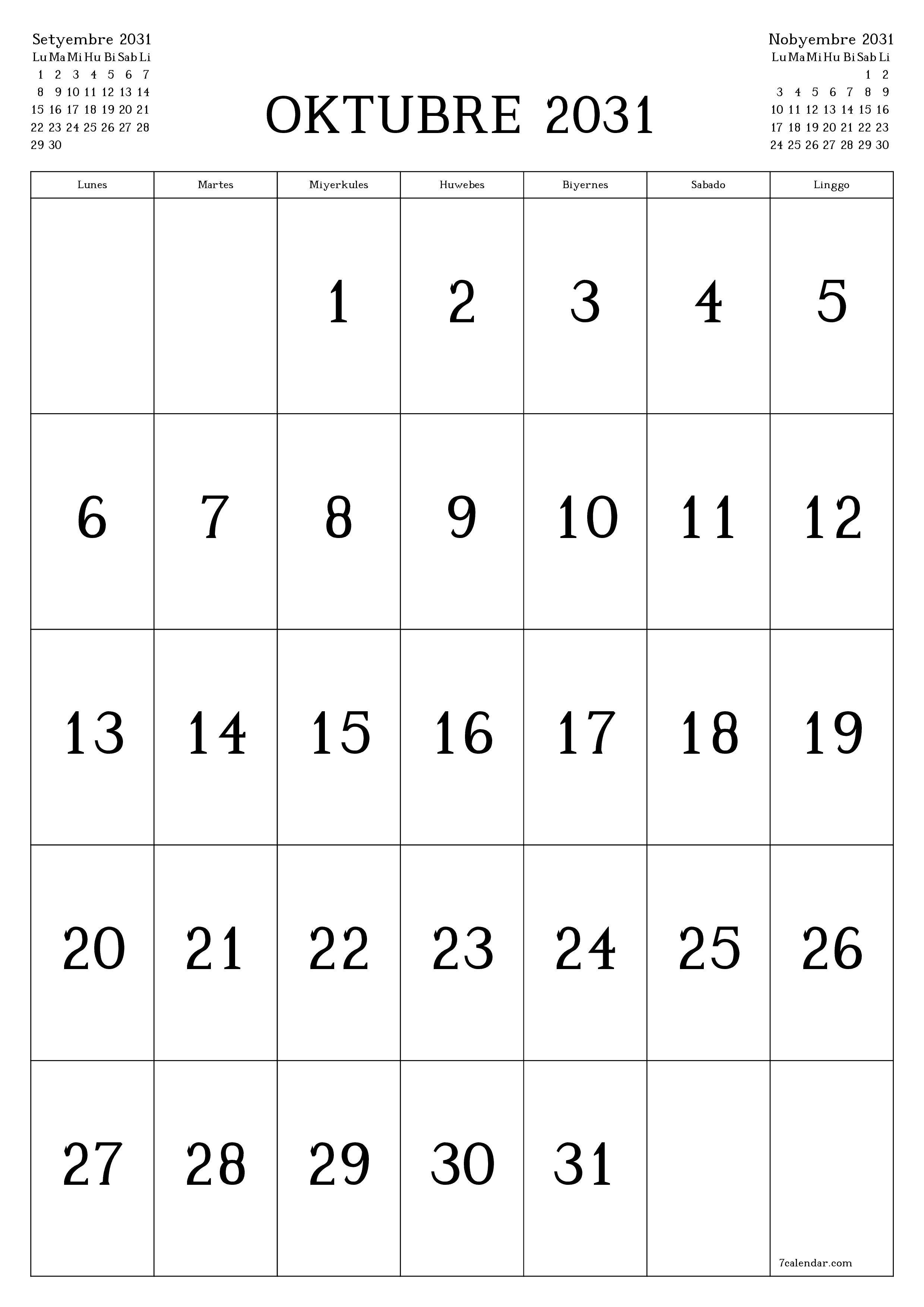 Walang laman na buwanang tagaplano para sa buwan na Oktubre 2031 na may mga tala, i-save at i-print sa PDF PNG Filipino