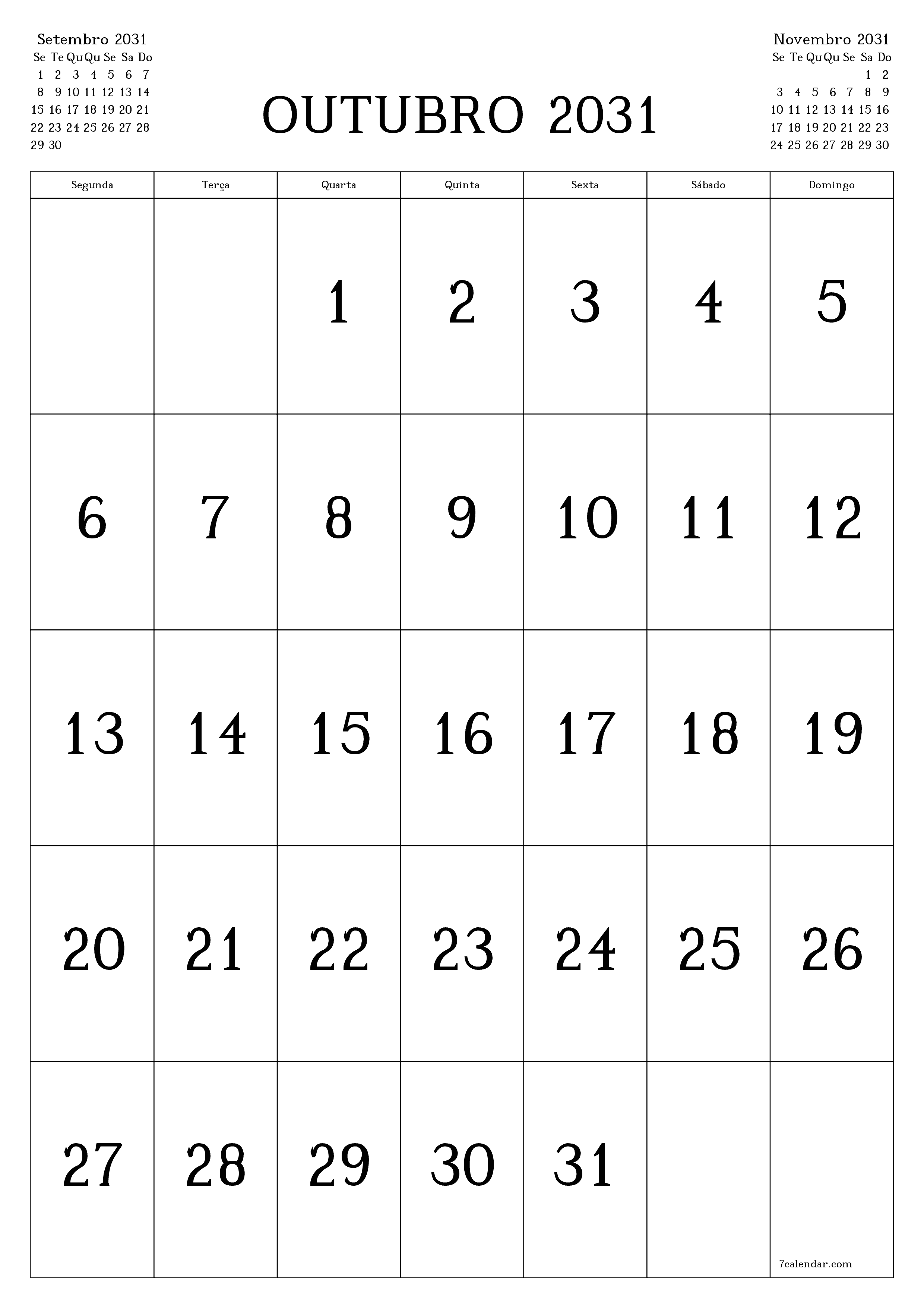  para impressão de parede modelo de grátisvertical Mensal calendário Outubro (Out) 2031