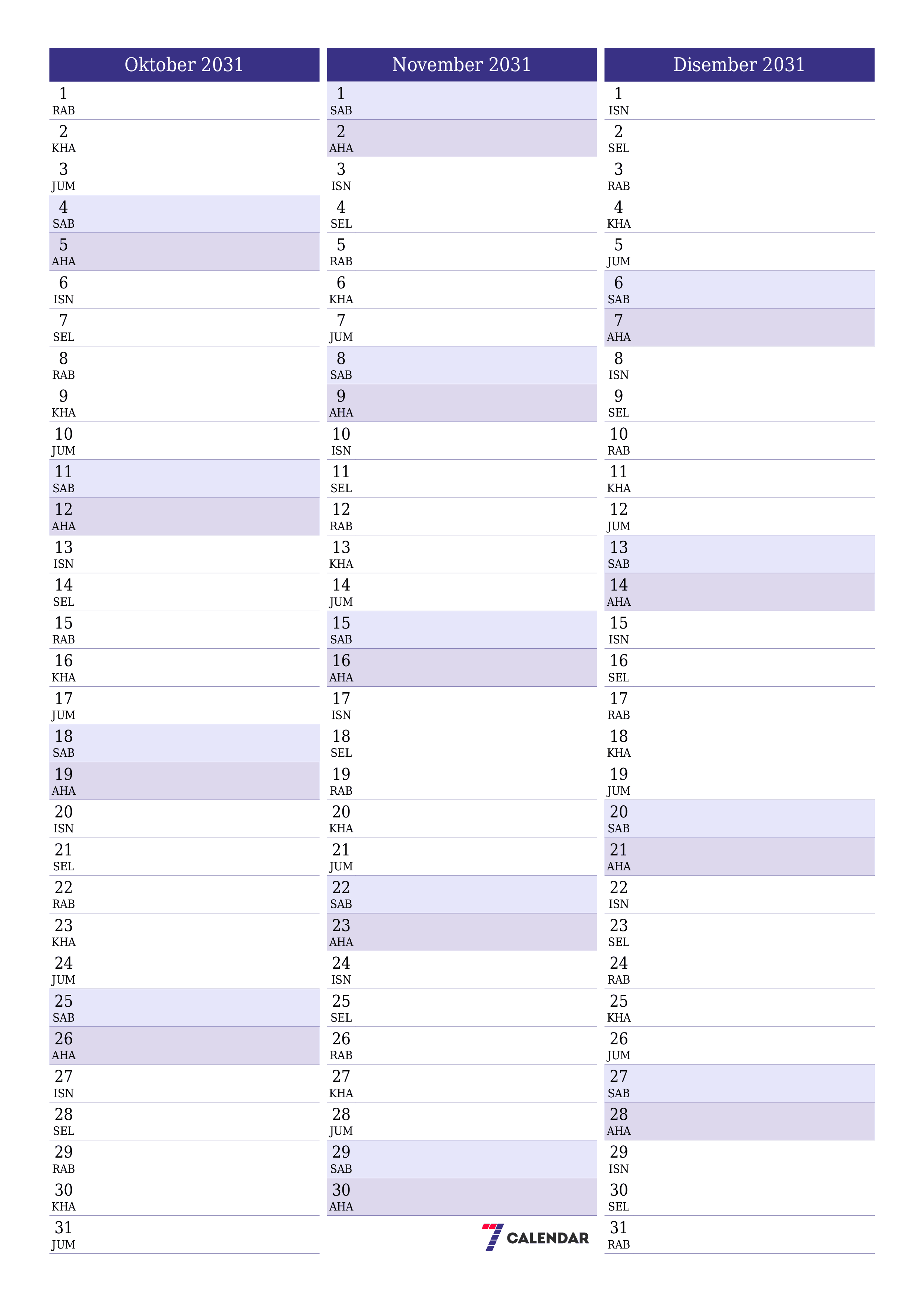  boleh cetak dinding templat percumamenegak Bulanan perancang kalendar Oktober (Okt) 2031