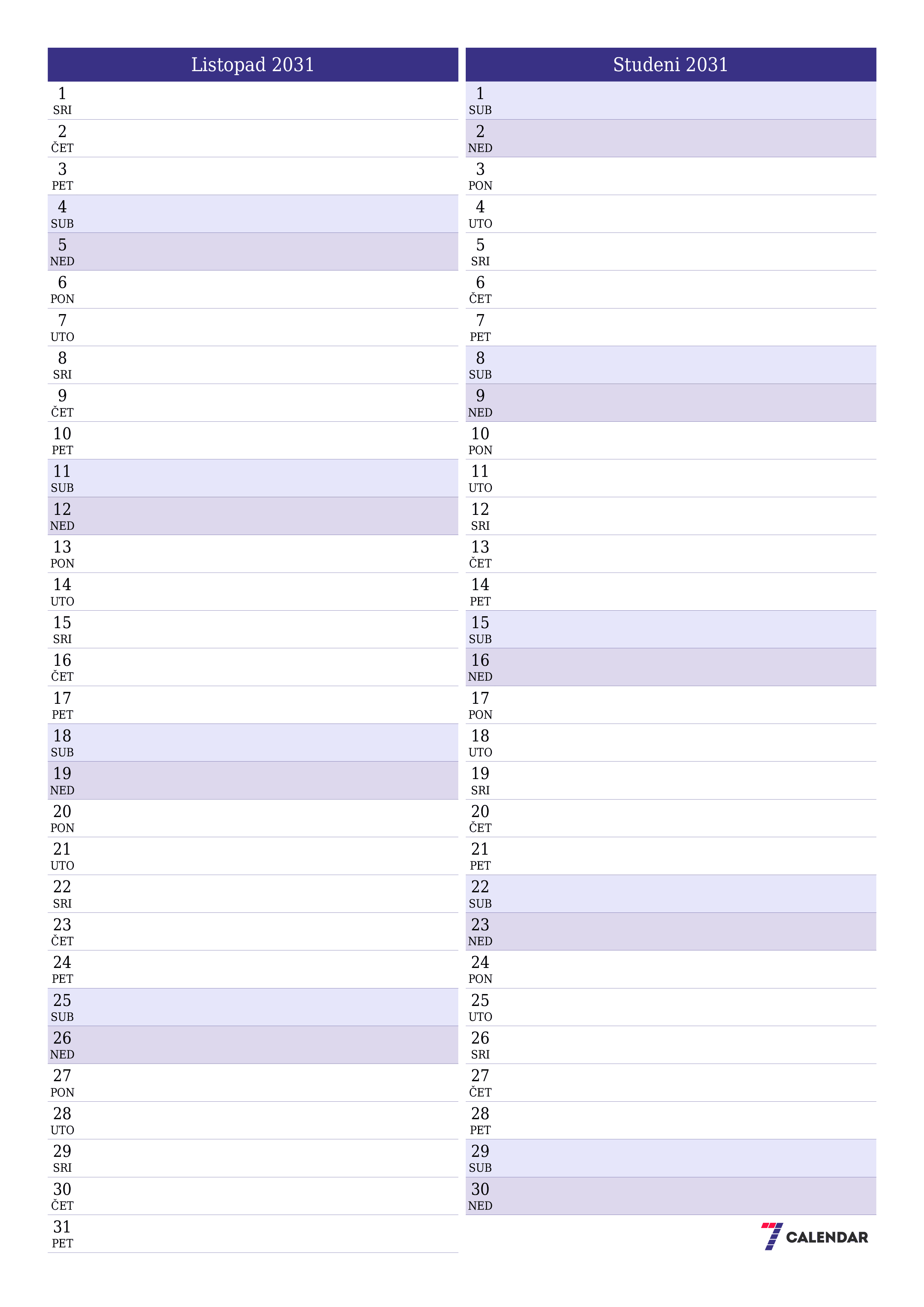 za ispis zidni predložak a besplatni okomito Mjesečni planer kalendar Listopad (Lis) 2031