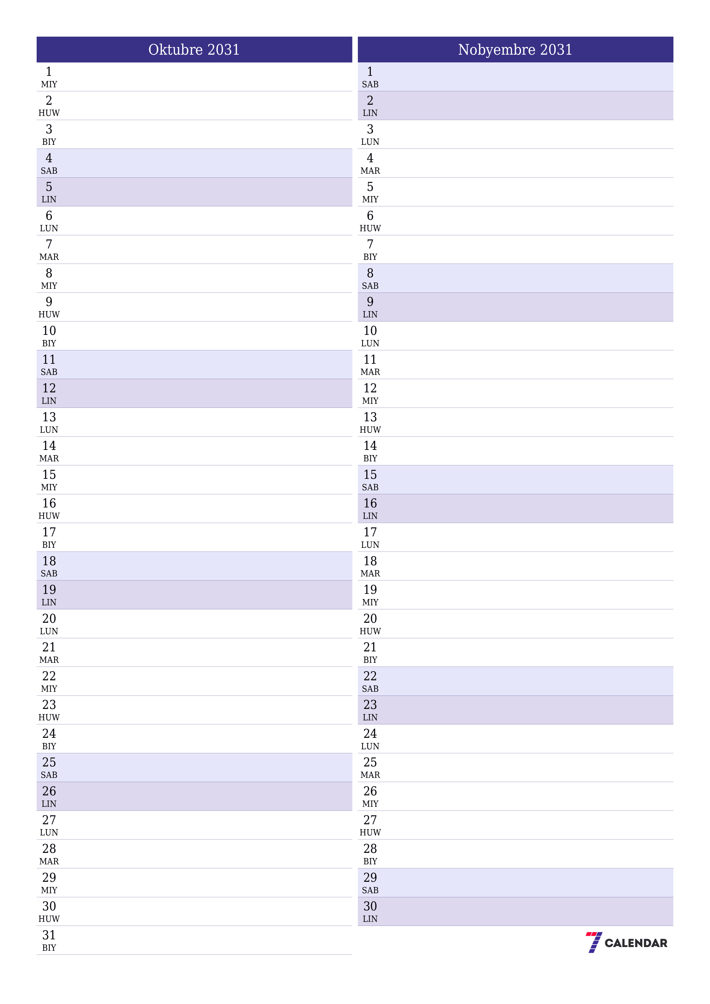 Walang laman na buwanang tagaplano para sa buwan na Oktubre 2031 na may mga tala, i-save at i-print sa PDF PNG Filipino