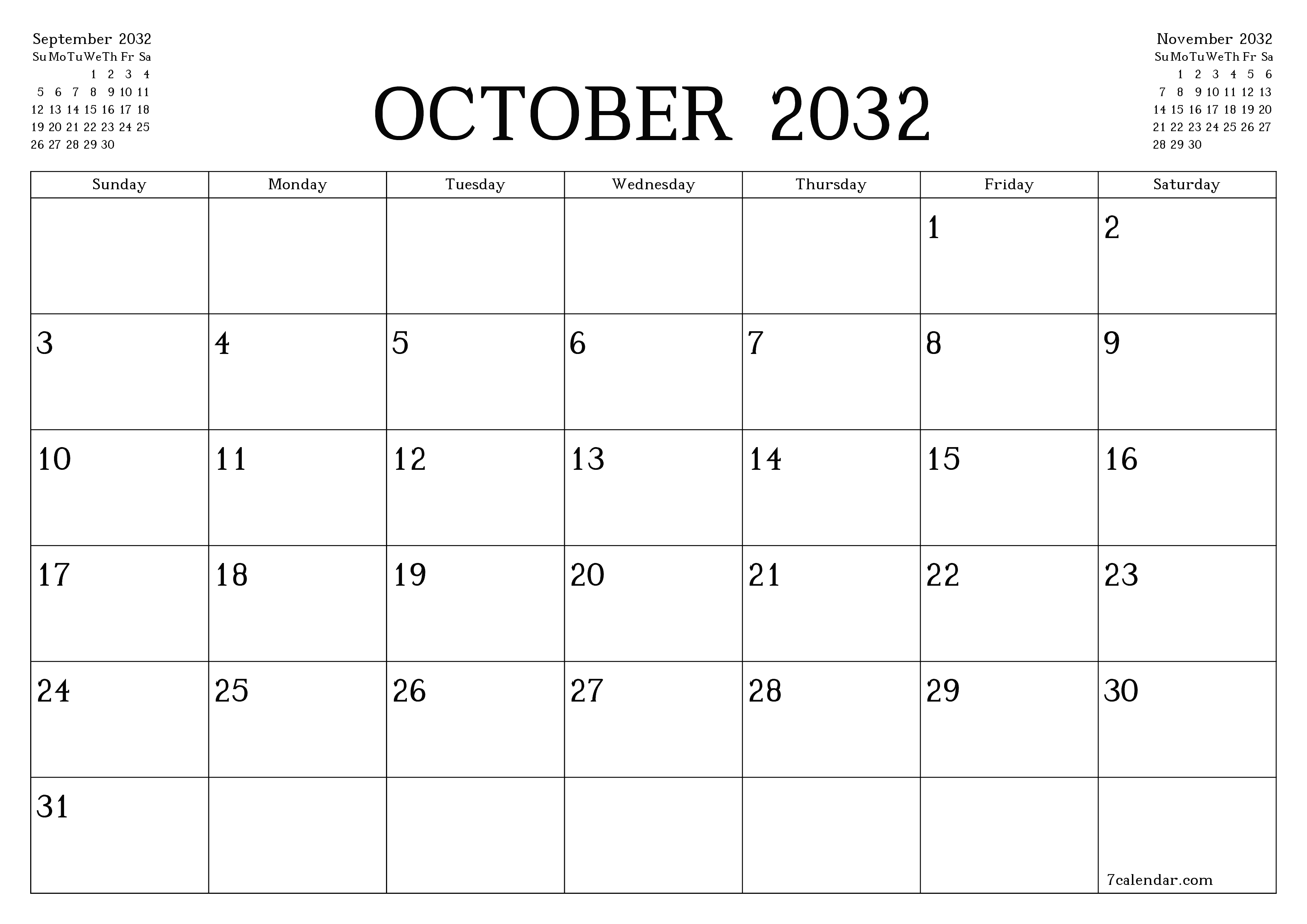 Blank calendar October 2032