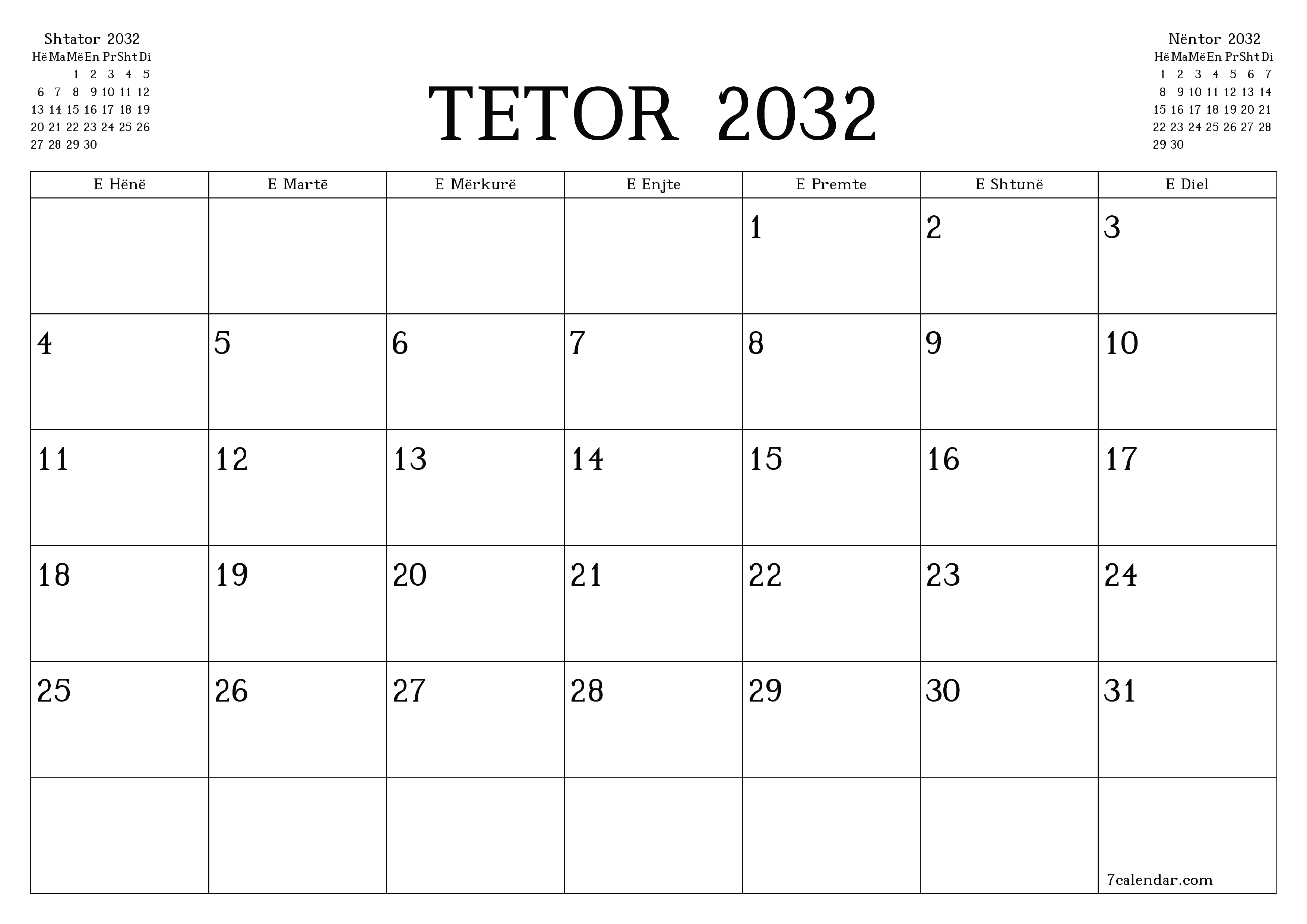 Planifikuesi i zbrazët i kalendarit mujor për muajin Tetor 2032 me shënime të ruajtura dhe të printuara në PDF PNG Albanian