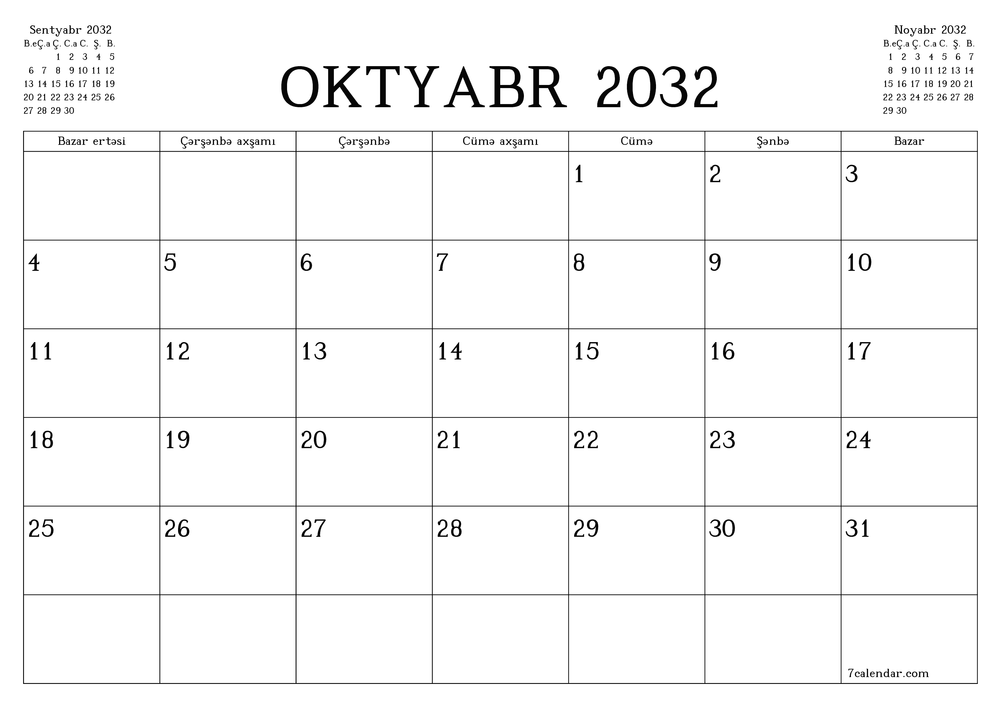 Oktyabr 2032 ayı üçün qeydlər ilə boş aylıq planlayıcı, qeyd edin və PDF-ə yazdırın PNG Azerbaijani