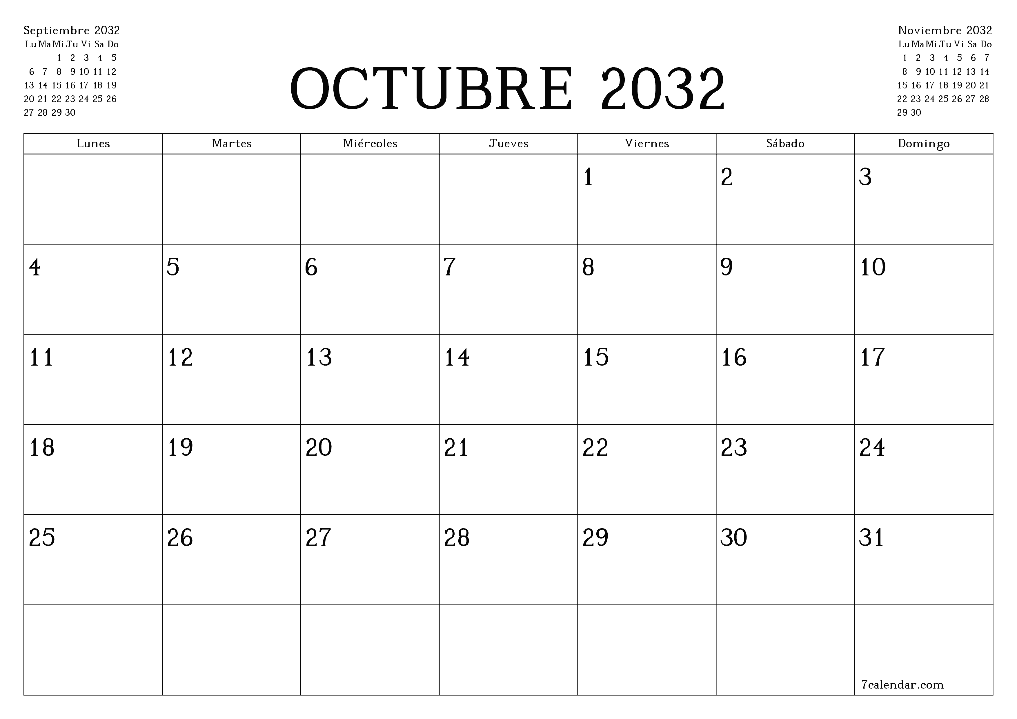 Planificador mensual vacío para el mes Octubre 2032 con notas, guardar e imprimir en PDF PNG Spanish