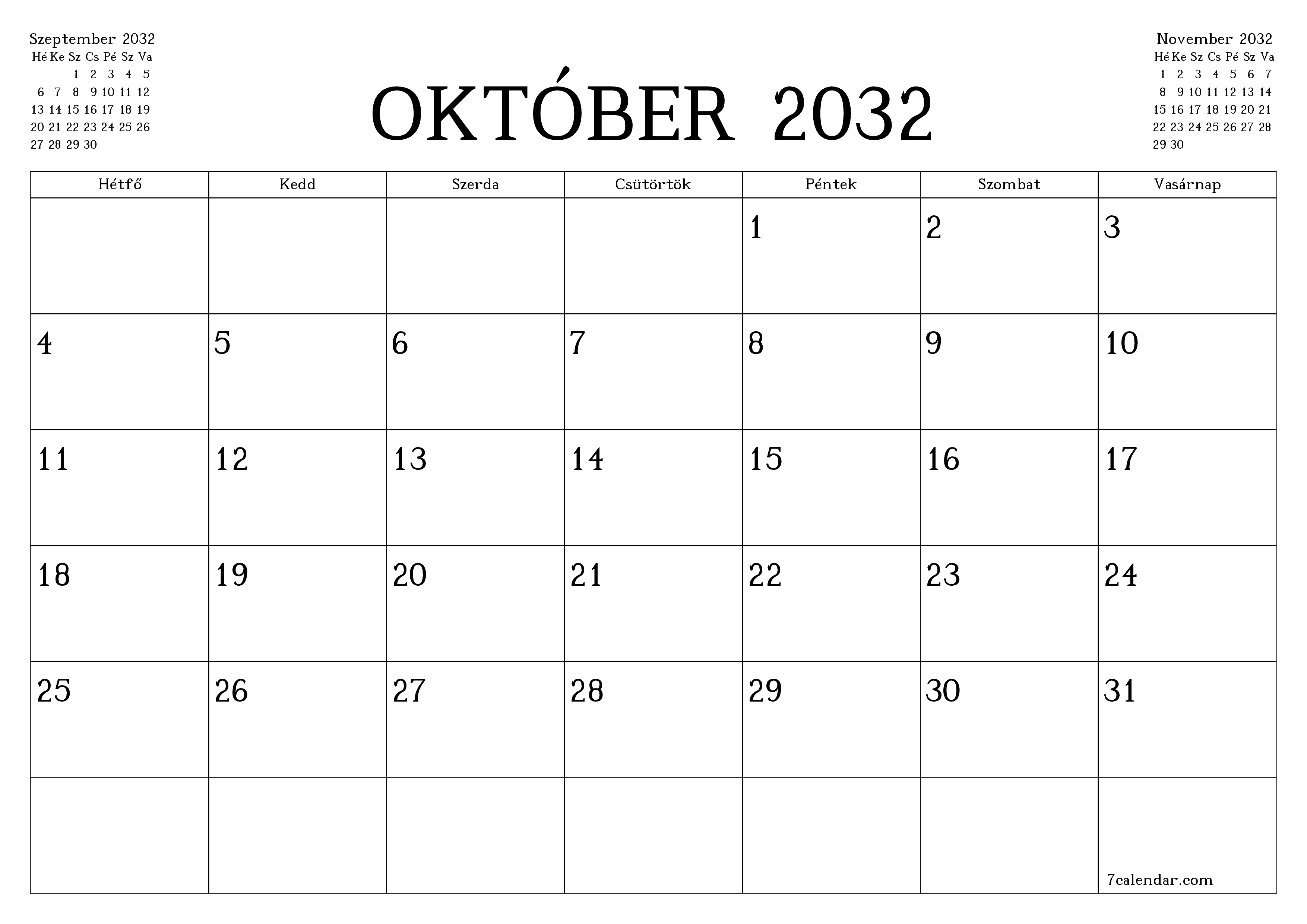 Üres havi tervező a Október 2032 hónapra jegyzetekkel, mentés és nyomtatás PDF-be PNG Hungarian