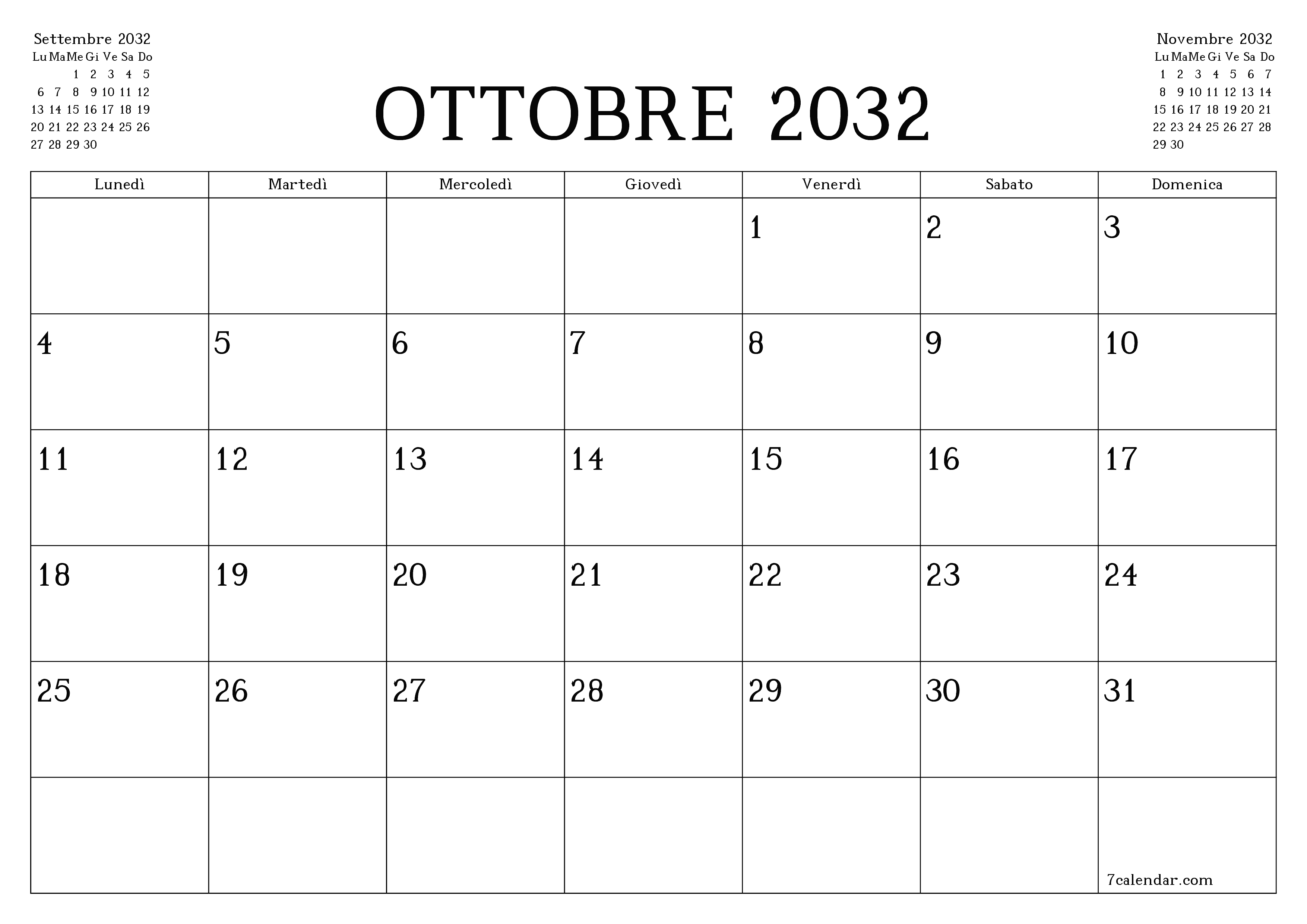 Pianificatore mensile vuoto per il mese Ottobre 2032 con note, salva e stampa in PDF PNG Italian