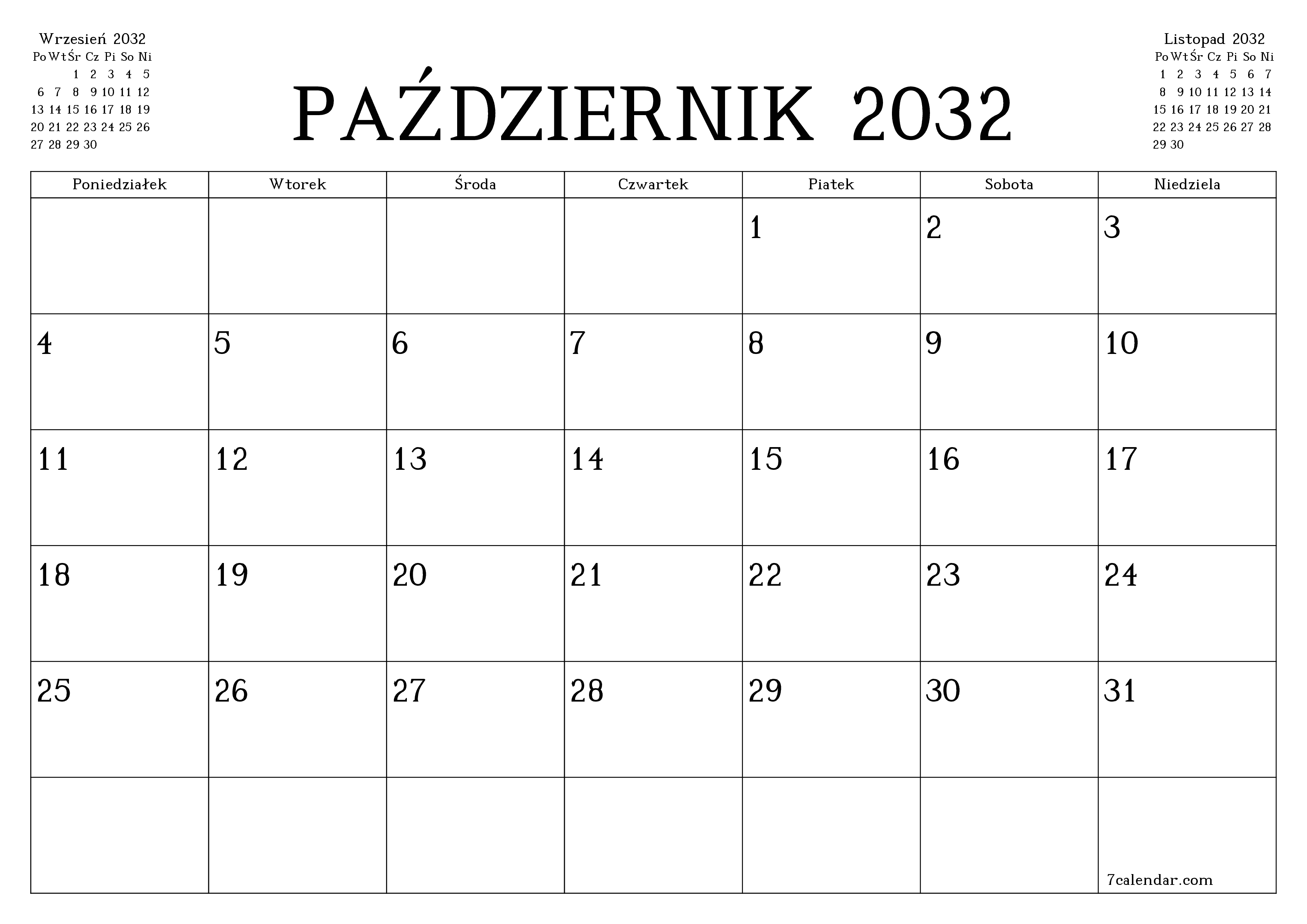 Opróżnij miesięczny planer na miesiąc Październik 2032 z notatkami, zapisz i wydrukuj w formacie PDF PNG Polish