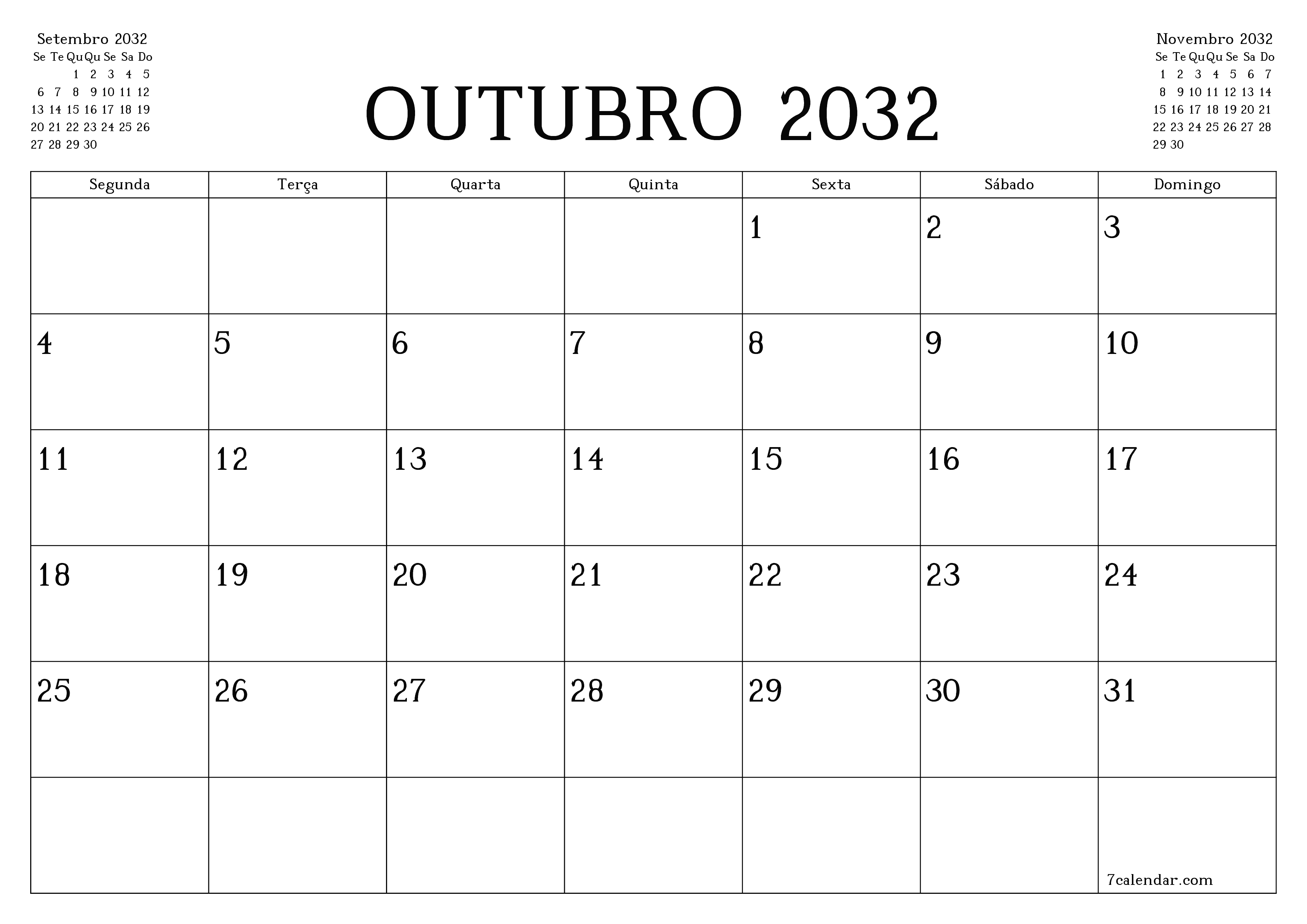 Esvazie o planejador mensal para o mês Outubro 2032 com notas, salve e imprima em PDF PNG Portuguese
