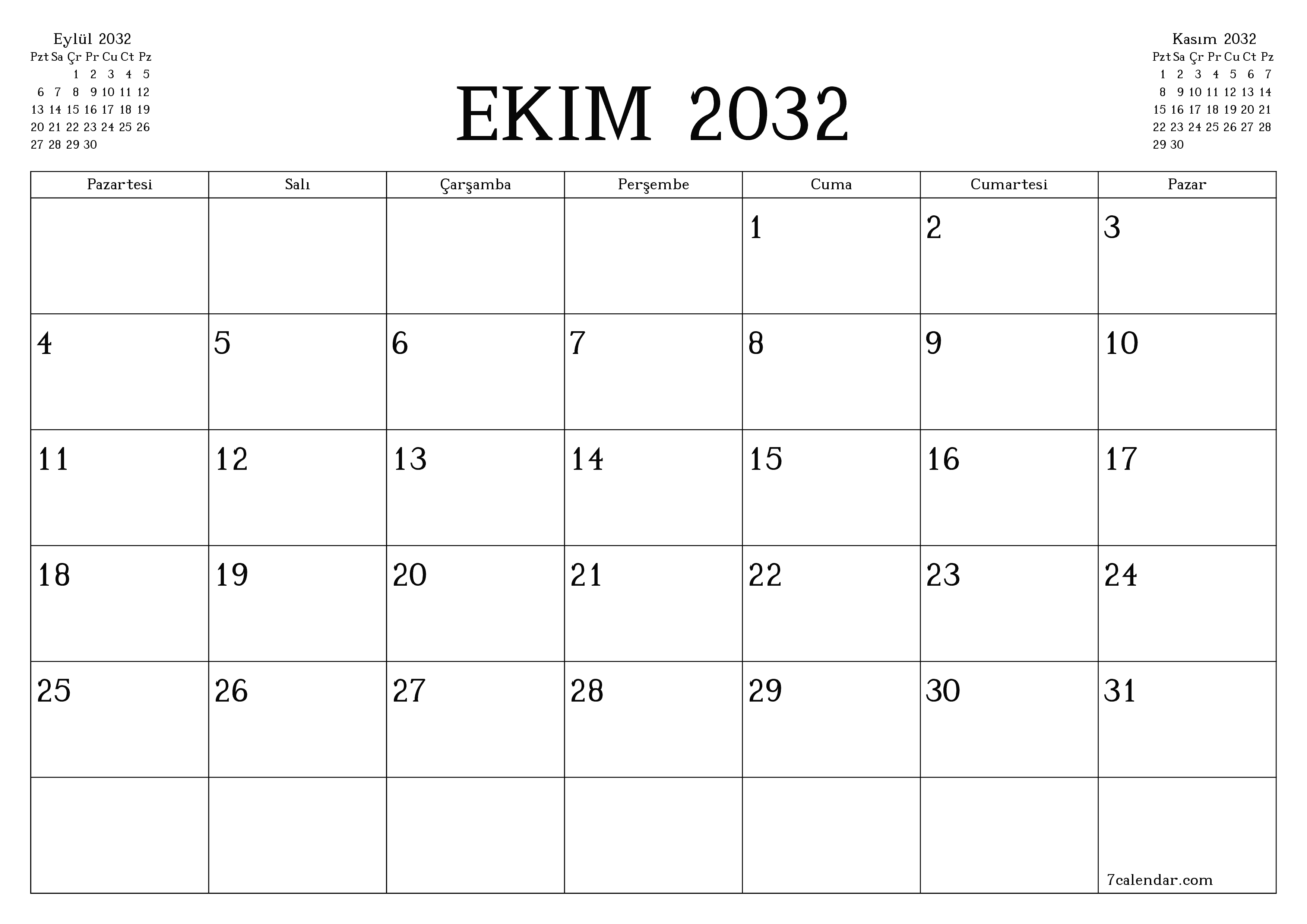 Ekim 2032 ayı için notlarla birlikte boş aylık planlayıcı, kaydedin ve PDF'ye yazdırın PNG Turkish