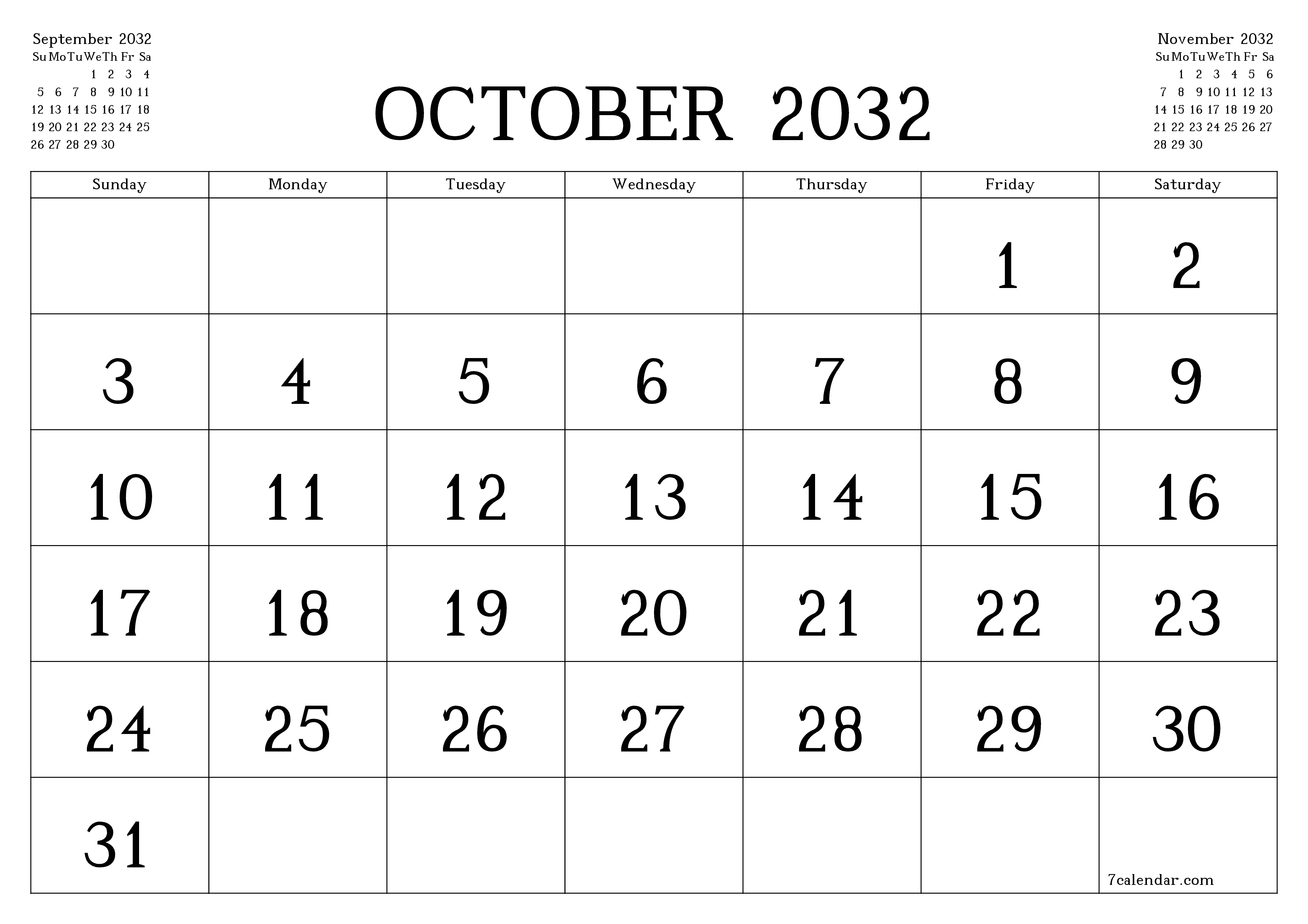 Blank calendar October 2032