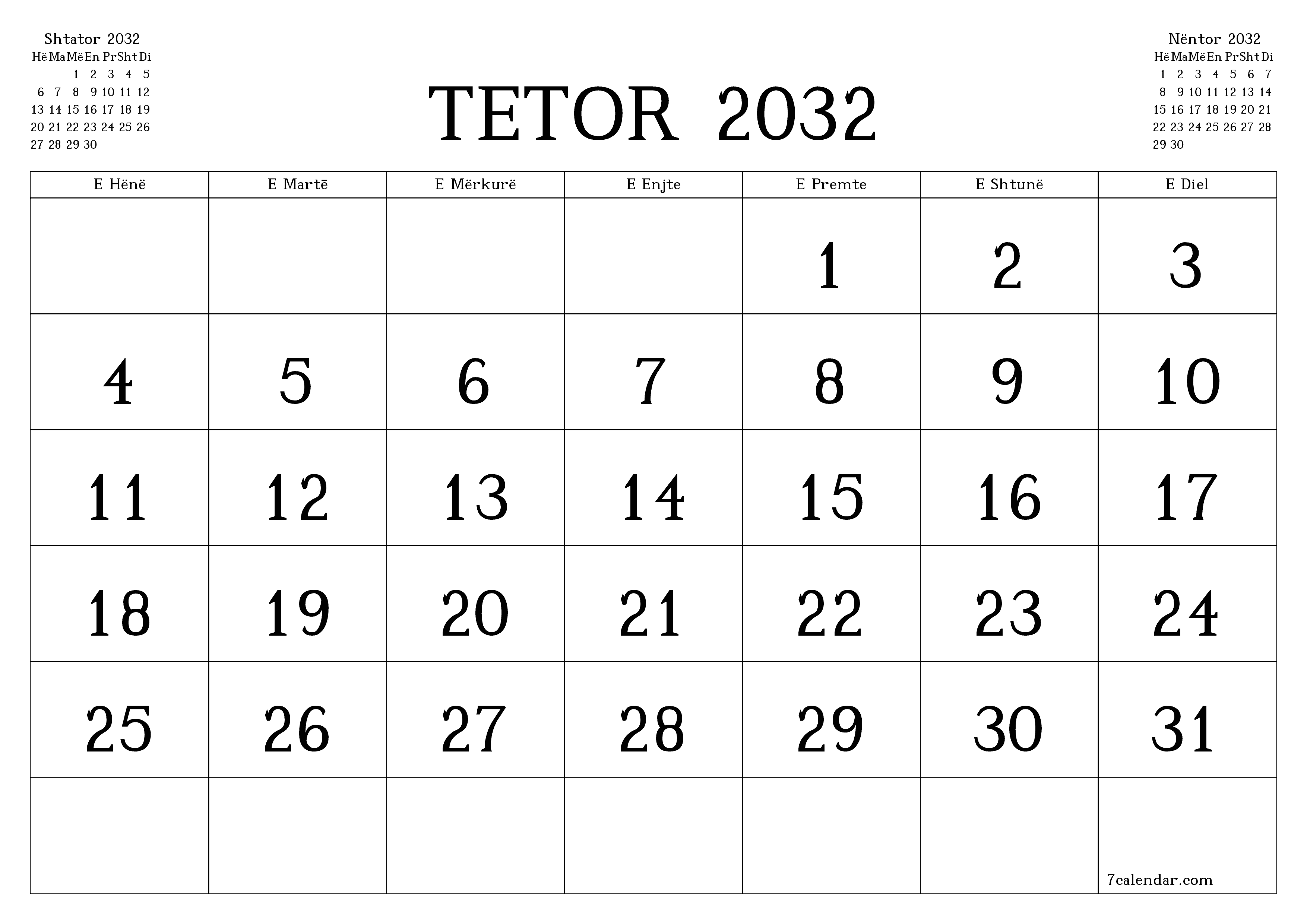 Planifikuesi i zbrazët i kalendarit mujor për muajin Tetor 2032 me shënime të ruajtura dhe të printuara në PDF PNG Albanian