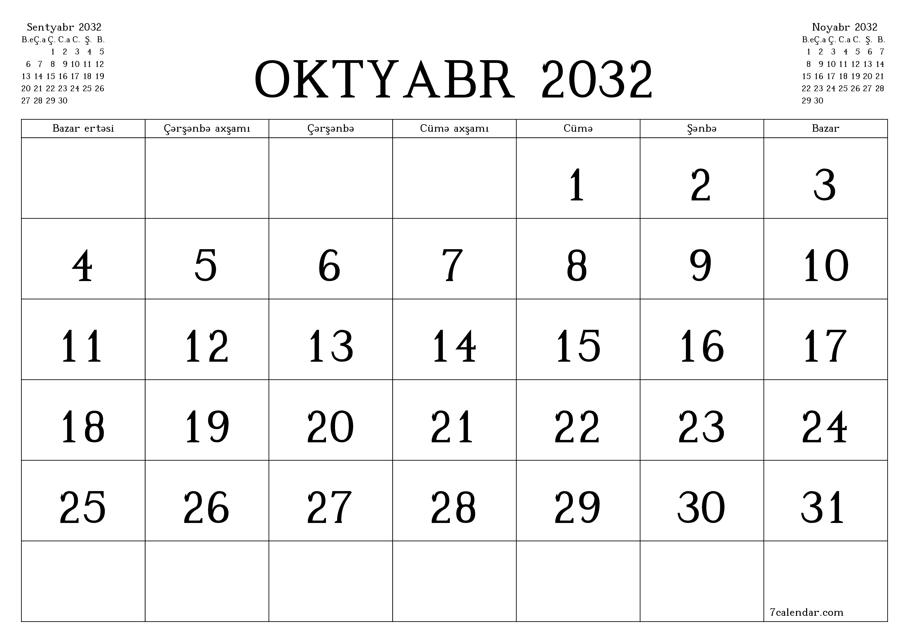 Oktyabr 2032 ayı üçün qeydlər ilə boş aylıq planlayıcı, qeyd edin və PDF-ə yazdırın PNG Azerbaijani