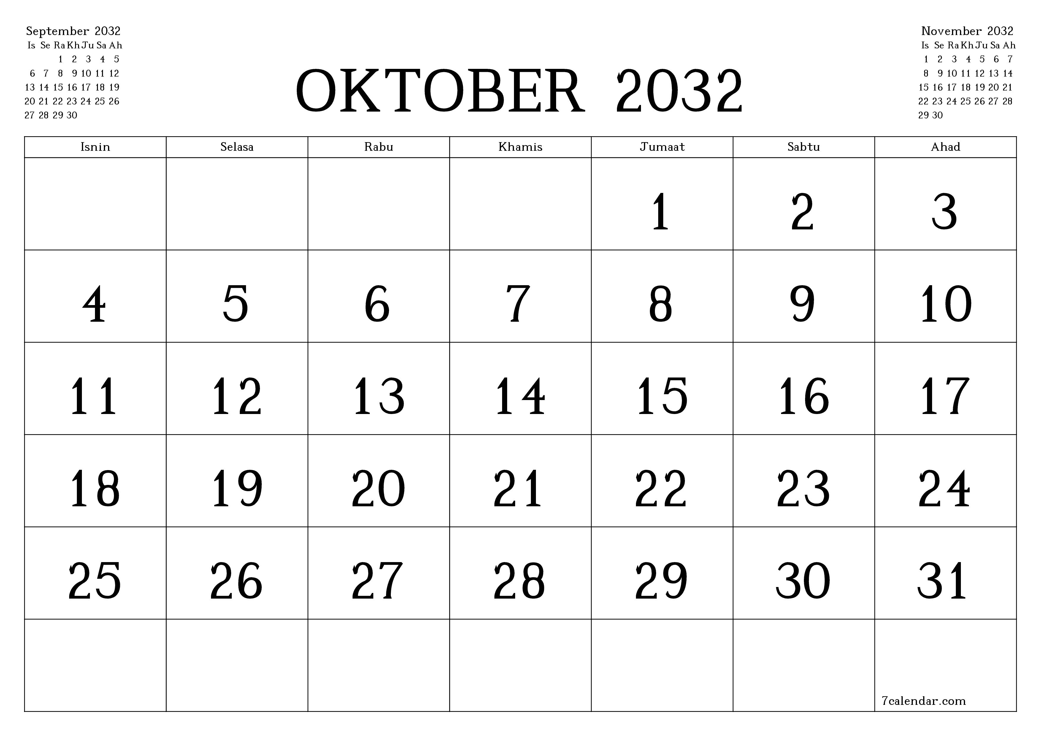 Perancang bulanan kosong untuk bulan Oktober 2032 dengan nota, simpan dan cetak ke PDF PNG Malay