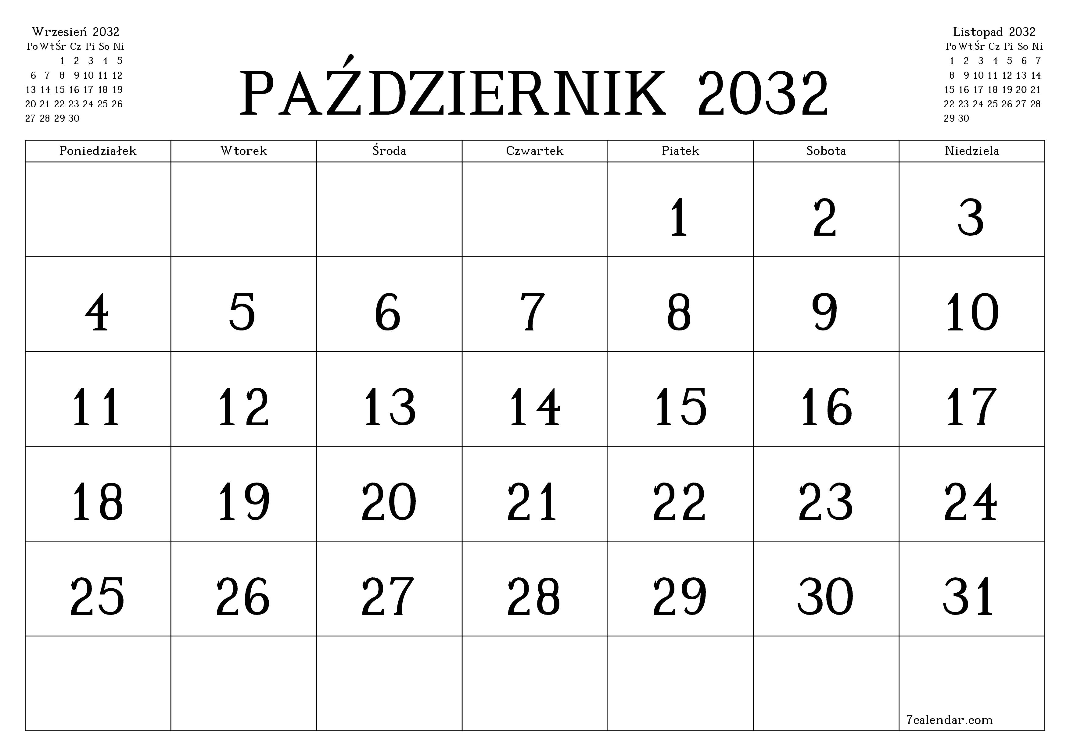 Opróżnij miesięczny planer na miesiąc Październik 2032 z notatkami, zapisz i wydrukuj w formacie PDF PNG Polish
