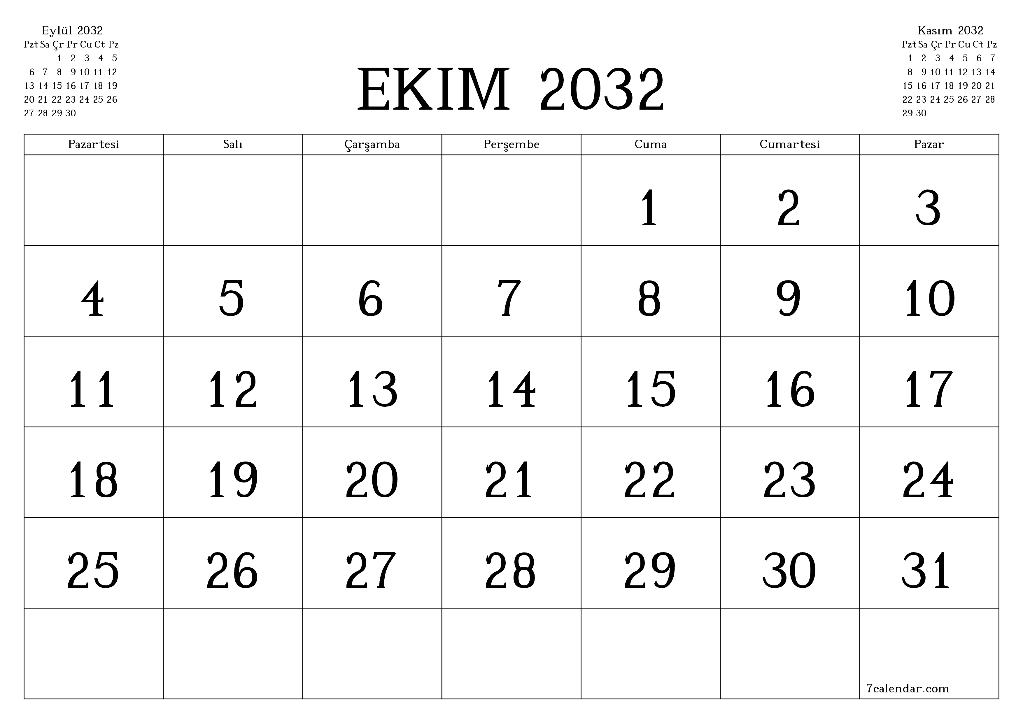 Ekim 2032 ayı için notlarla birlikte boş aylık planlayıcı, kaydedin ve PDF'ye yazdırın PNG Turkish