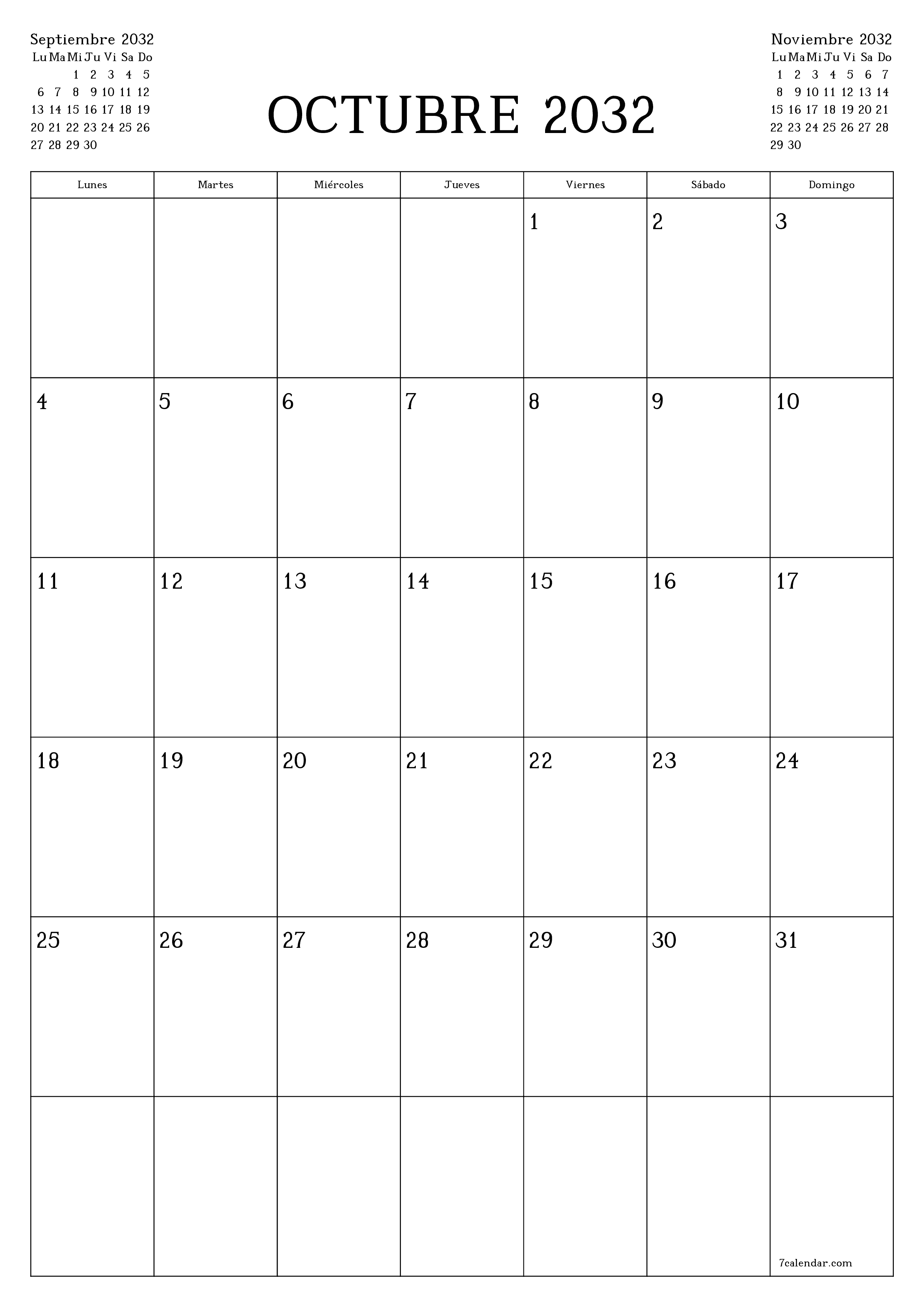 Planificador mensual vacío para el mes Octubre 2032 con notas, guardar e imprimir en PDF PNG Spanish
