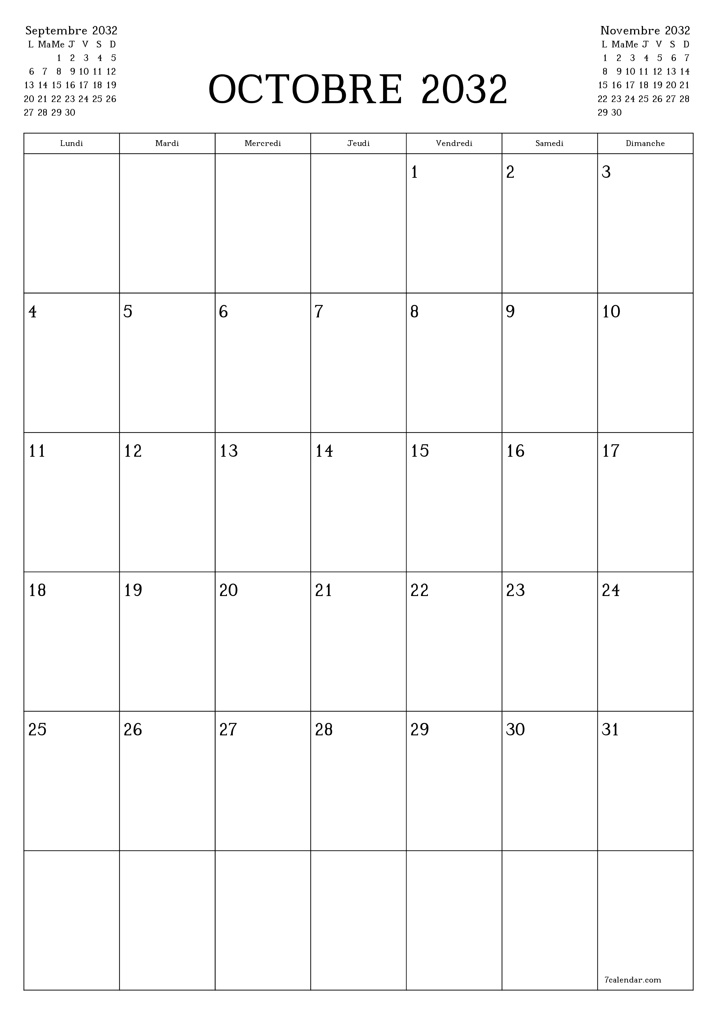  imprimable mural modèle de gratuitverticale Mensuel planificateur calendrier Octobre (Oct) 2032