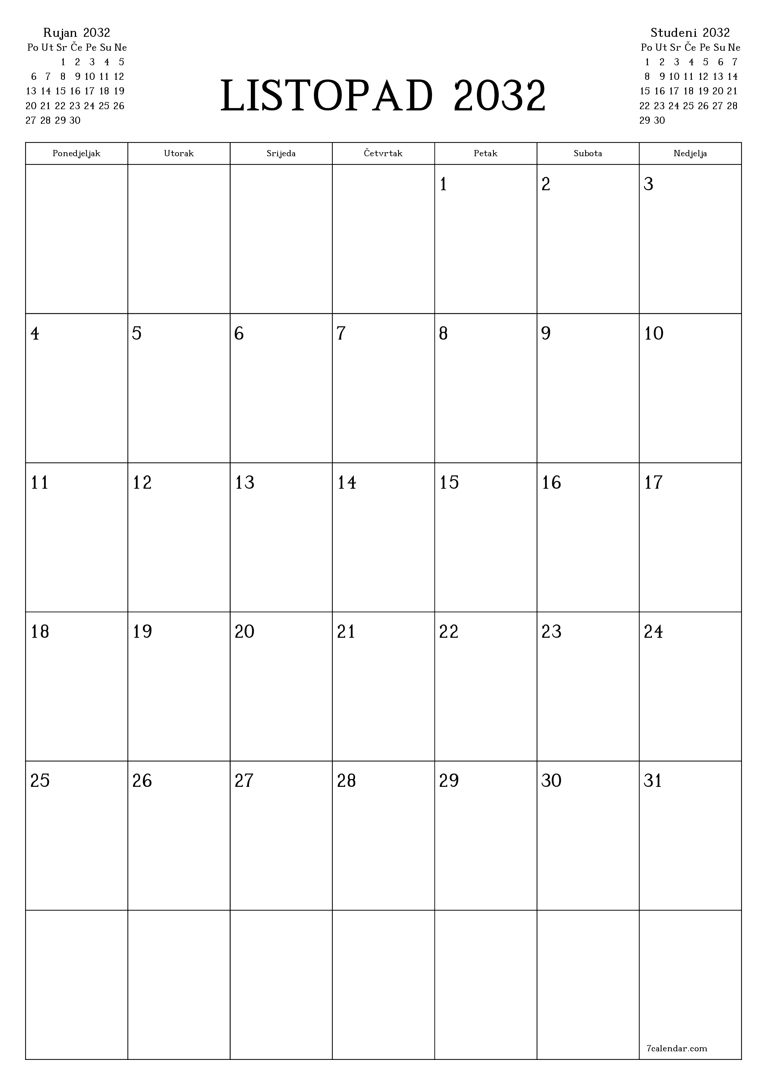  za ispis zidni predložak a besplatni okomito Mjesečni planer kalendar Listopad (Lis) 2032