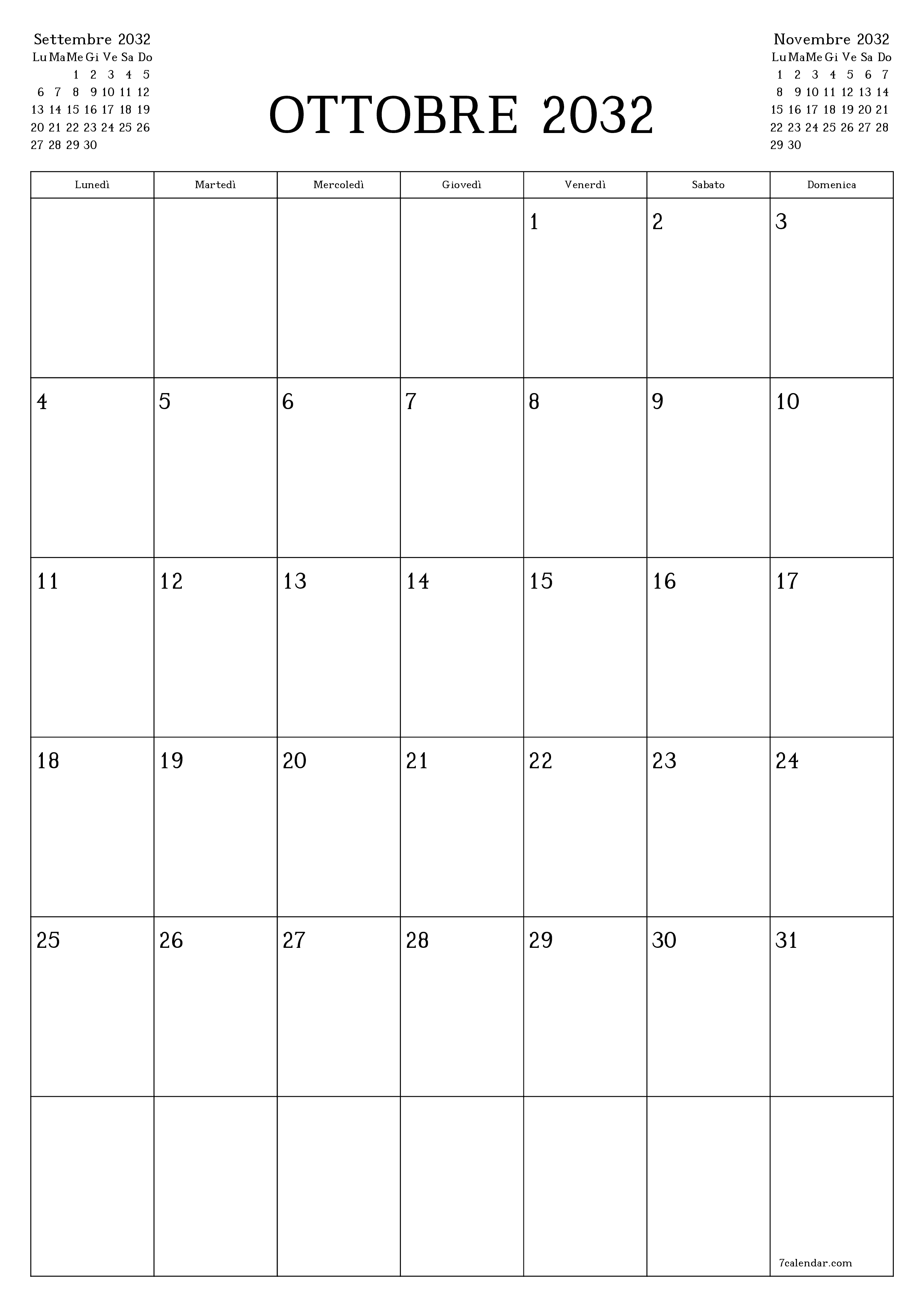 Pianificatore mensile vuoto per il mese Ottobre 2032 con note, salva e stampa in PDF PNG Italian