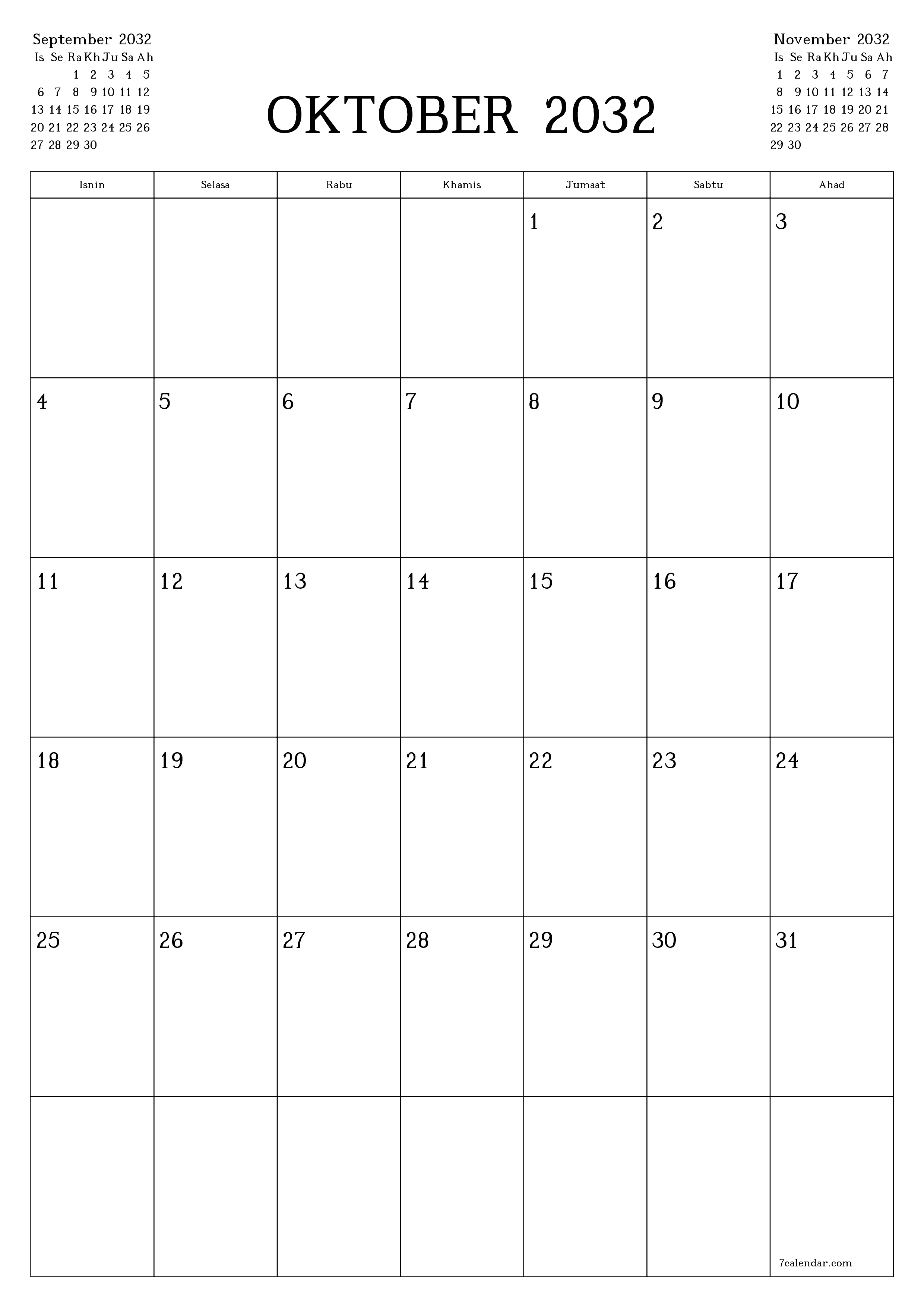 Perancang bulanan kosong untuk bulan Oktober 2032 dengan nota, simpan dan cetak ke PDF PNG Malay