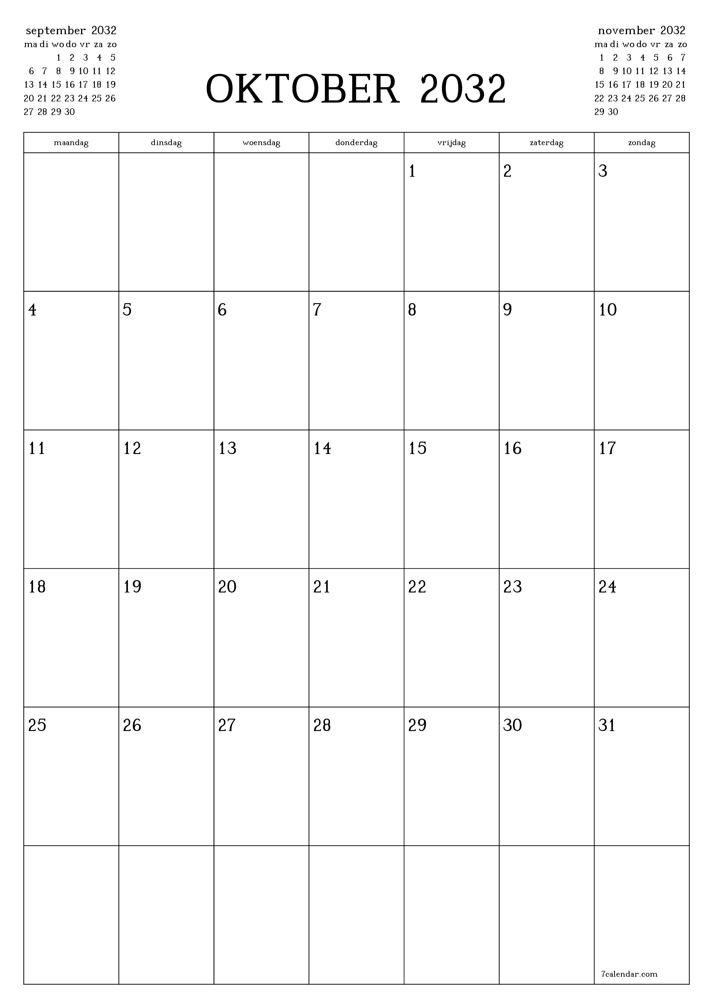 Lege maandplanner voor maand oktober 2032 met notities, opslaan en afdrukken naar pdf PNG Dutch