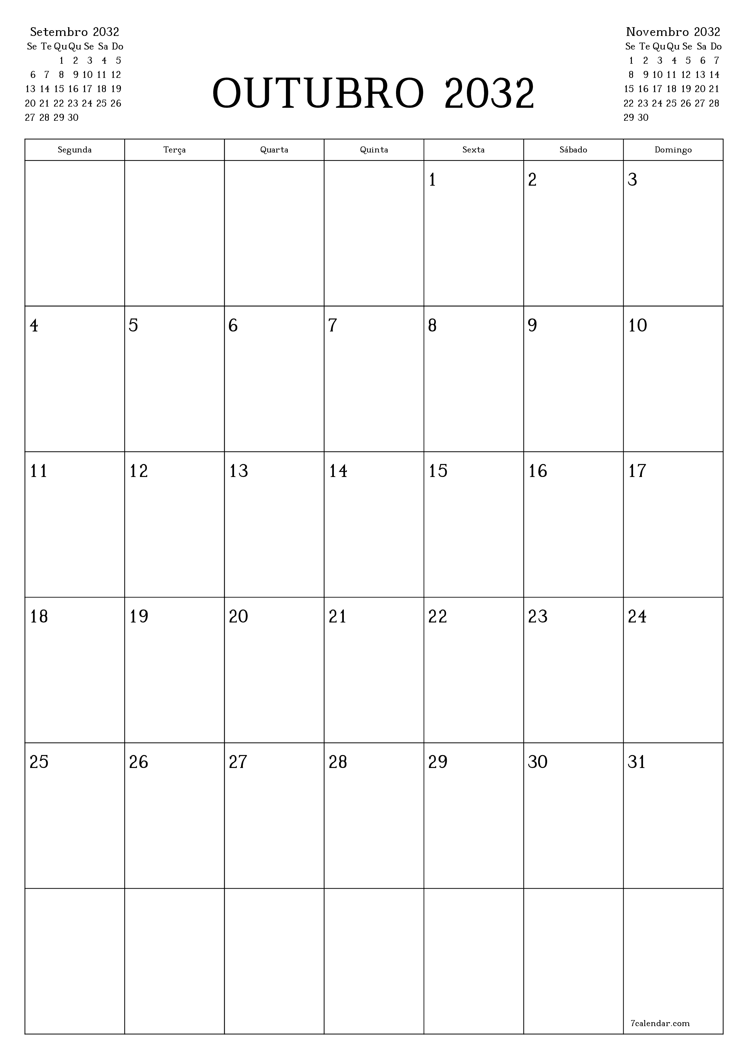  para impressão de parede modelo de grátisvertical Mensal planejador calendário Outubro (Out) 2032