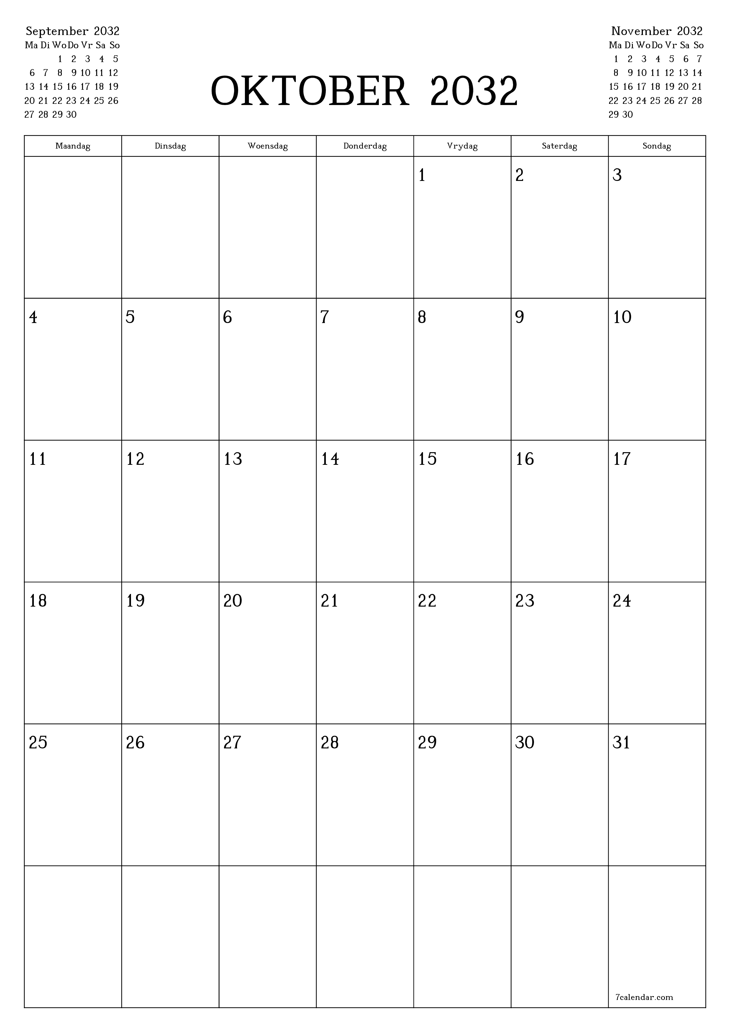 Leë maandelikse drukbare kalender en beplanner vir maand Oktober 2032 met notas stoor en druk na PDF PNG Afrikaans