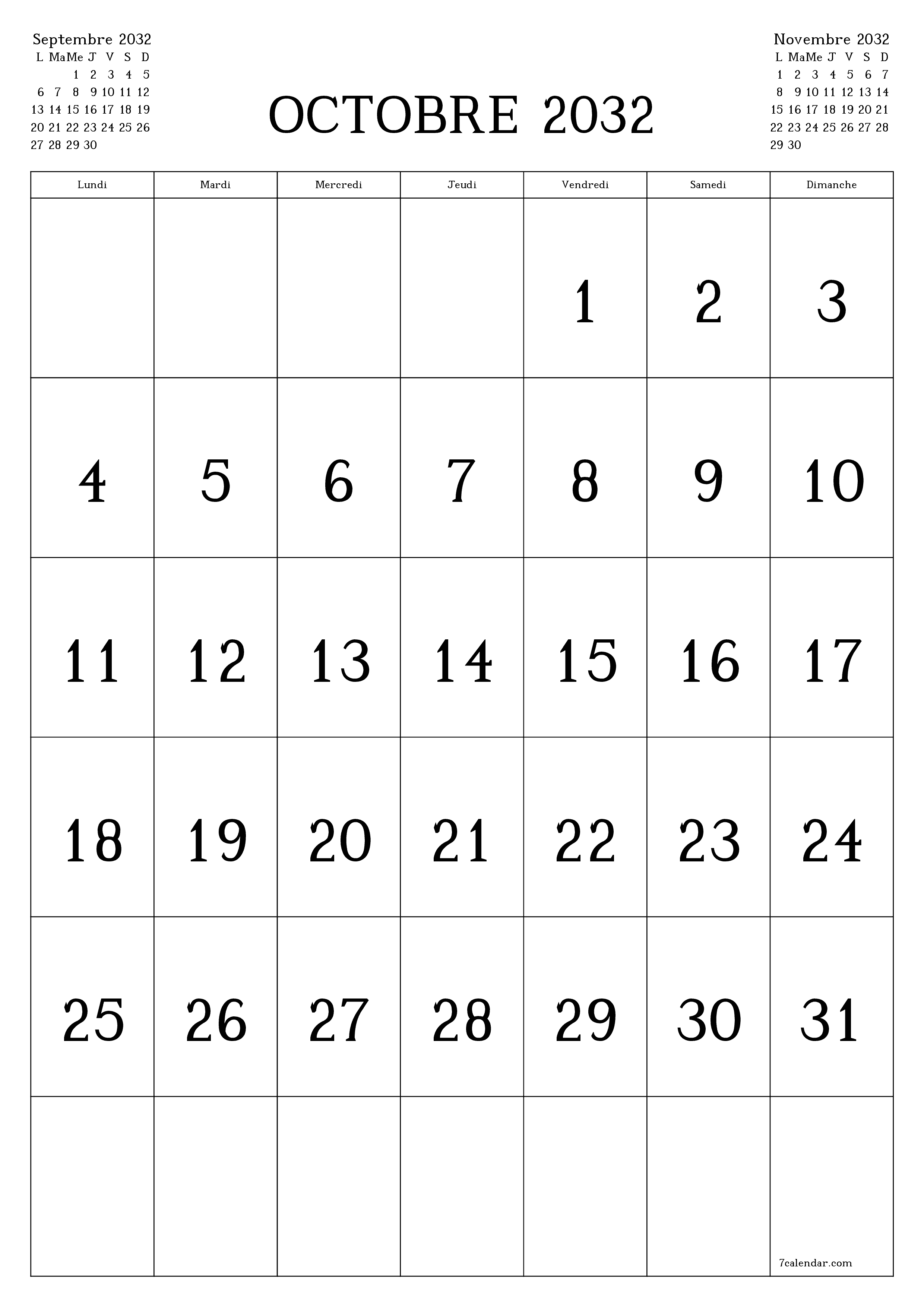  imprimable mural modèle de gratuitverticale Mensuel calendrier Octobre (Oct) 2032