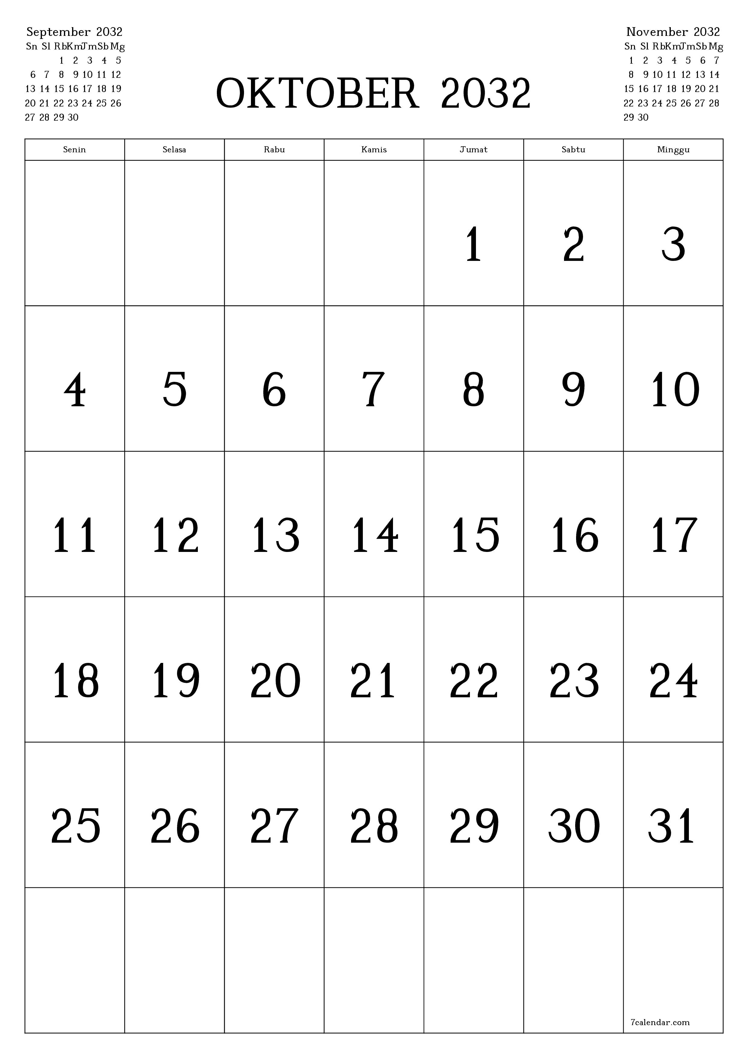 Kosongkan agenda bulanan untuk bulan Oktober 2032 dengan catatan, simpan dan cetak ke PDF PNG Indonesian