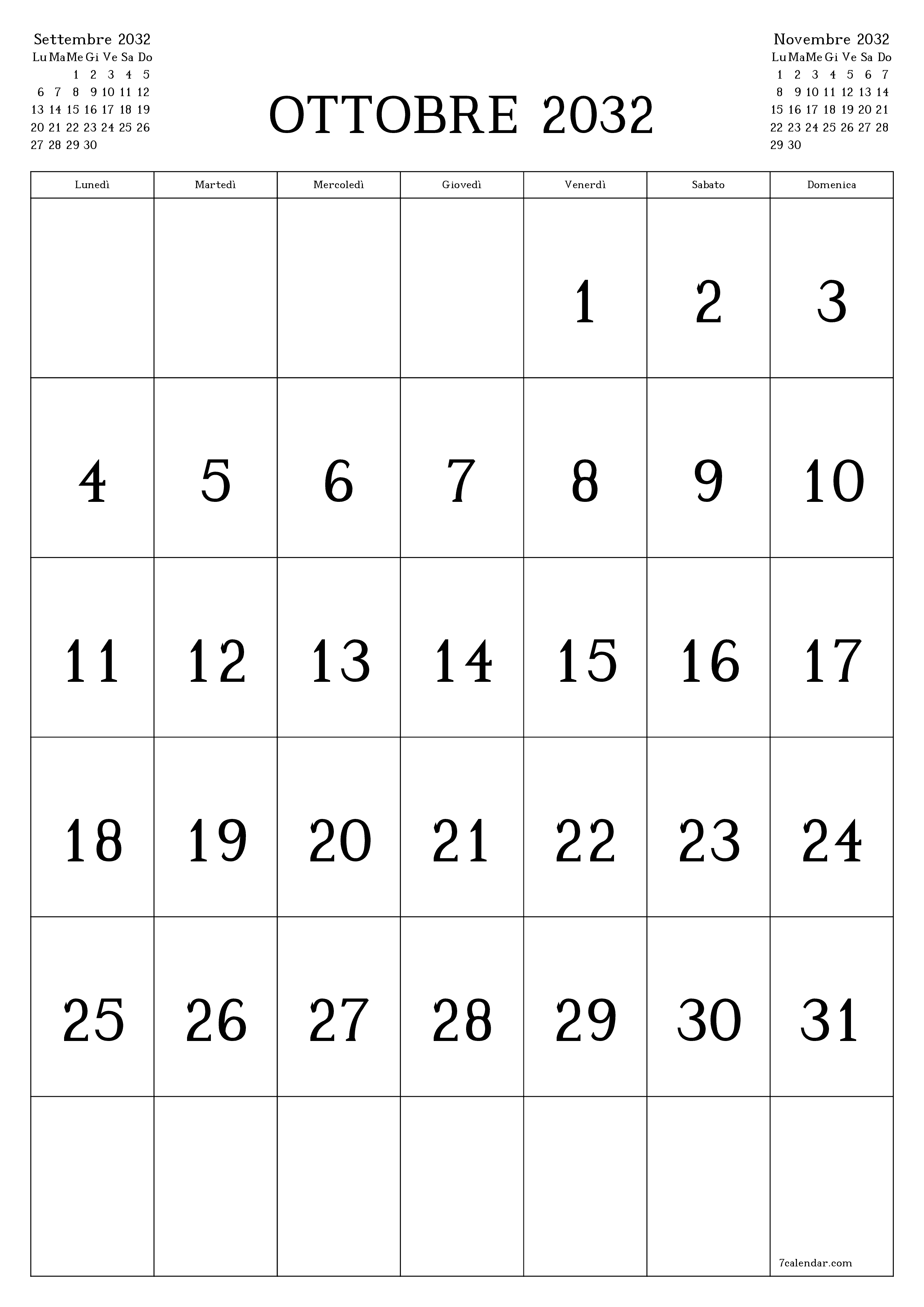 Pianificatore mensile vuoto per il mese Ottobre 2032 con note, salva e stampa in PDF PNG Italian