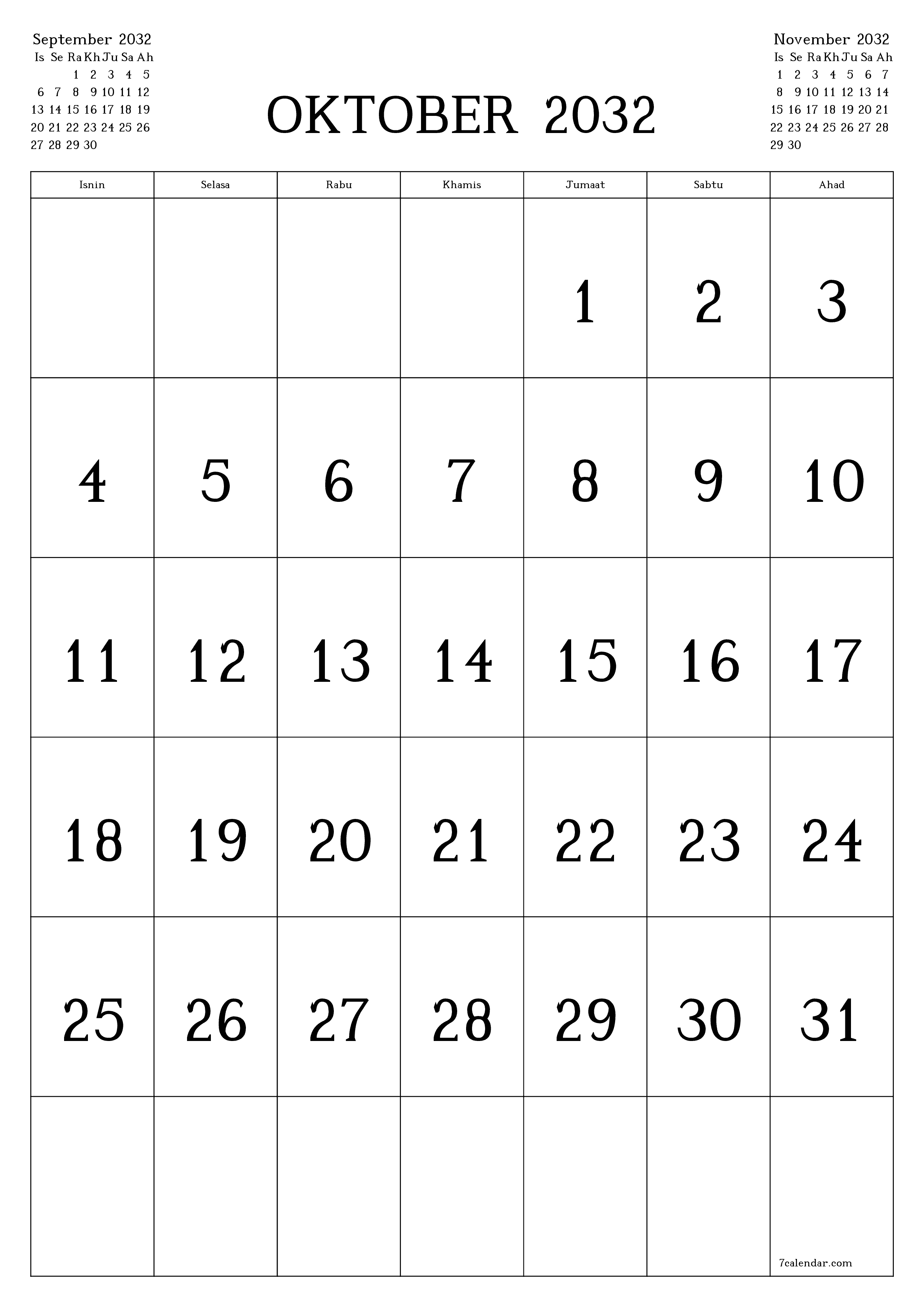 Perancang bulanan kosong untuk bulan Oktober 2032 dengan nota, simpan dan cetak ke PDF PNG Malay