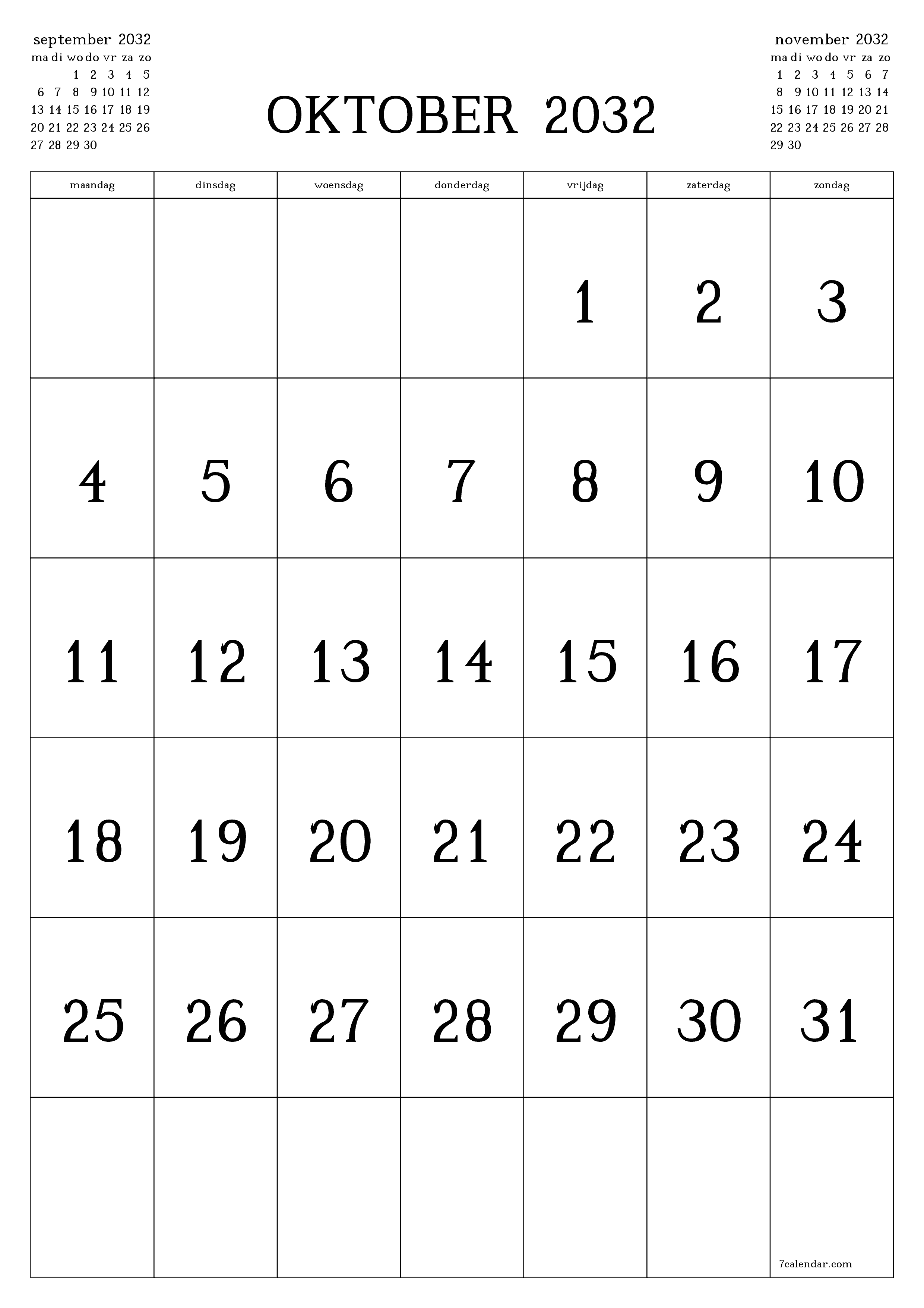 Lege maandplanner voor maand oktober 2032 met notities, opslaan en afdrukken naar pdf PNG Dutch