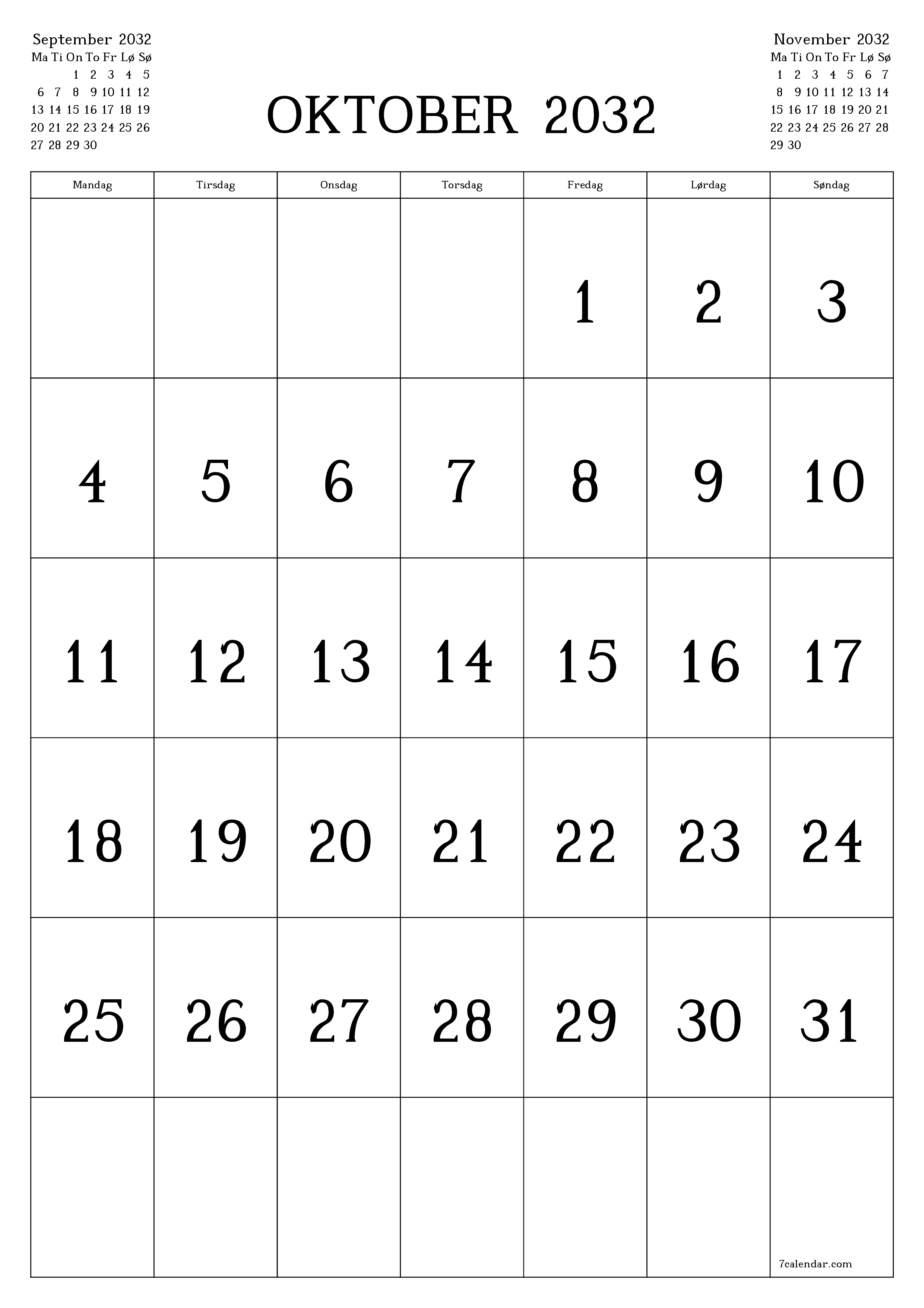 utskrivbar vegg mal gratis vertikal Månedlig kalender Oktober (Okt) 2032