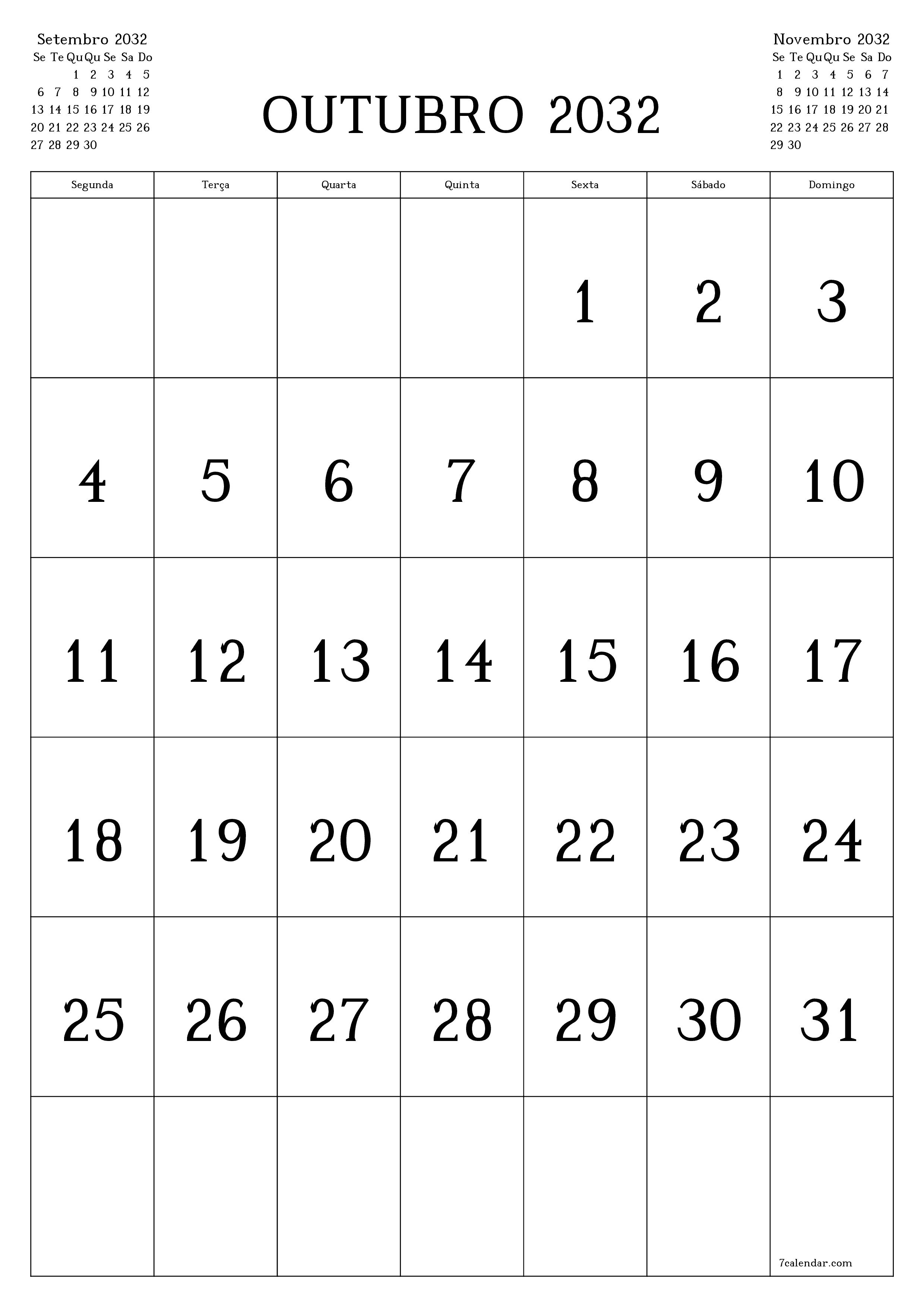  para impressão de parede modelo de grátisvertical Mensal calendário Outubro (Out) 2032