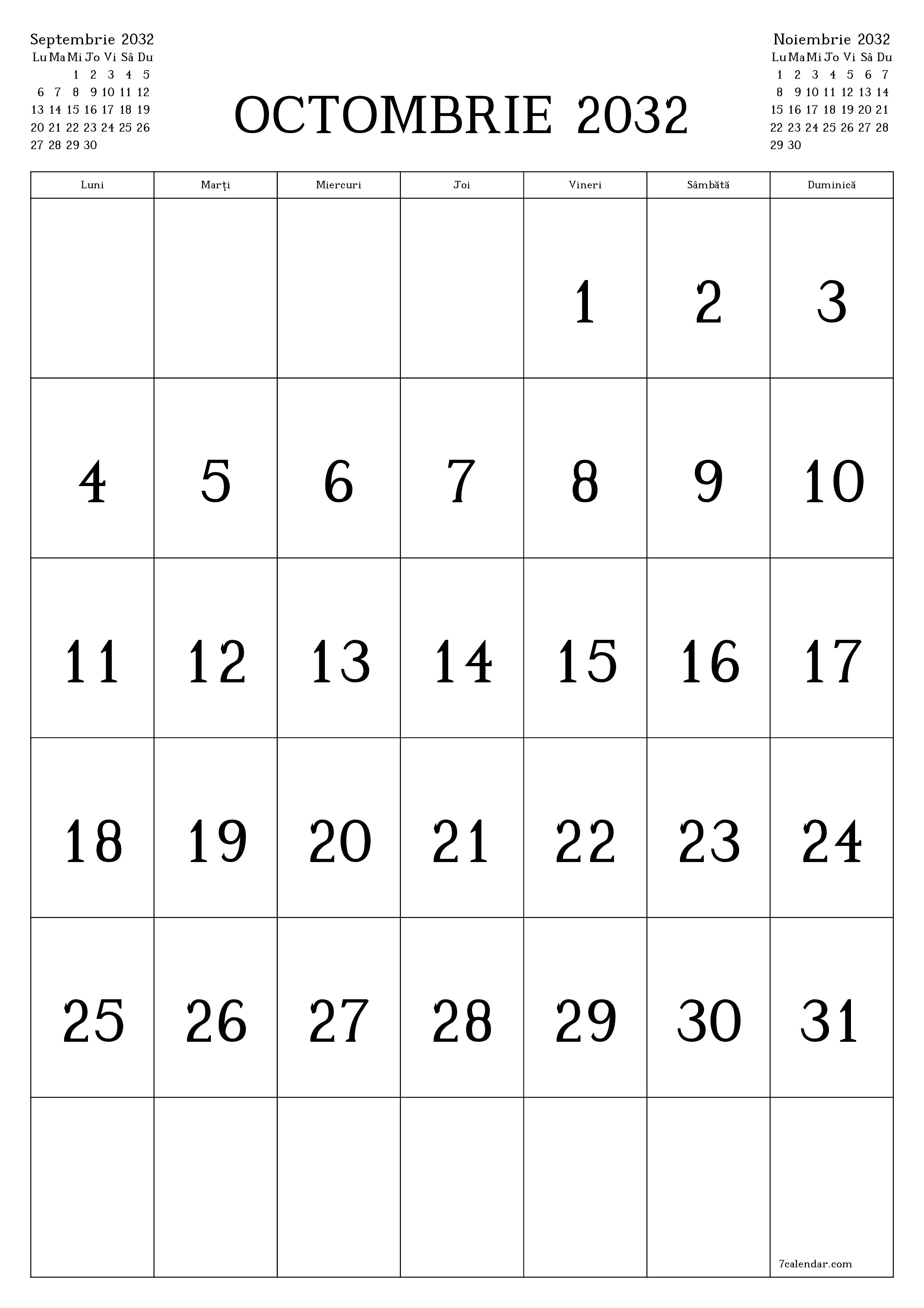  imprimabil de perete șablon de gratuitvertical Lunar calendar Octombrie (Oct) 2032