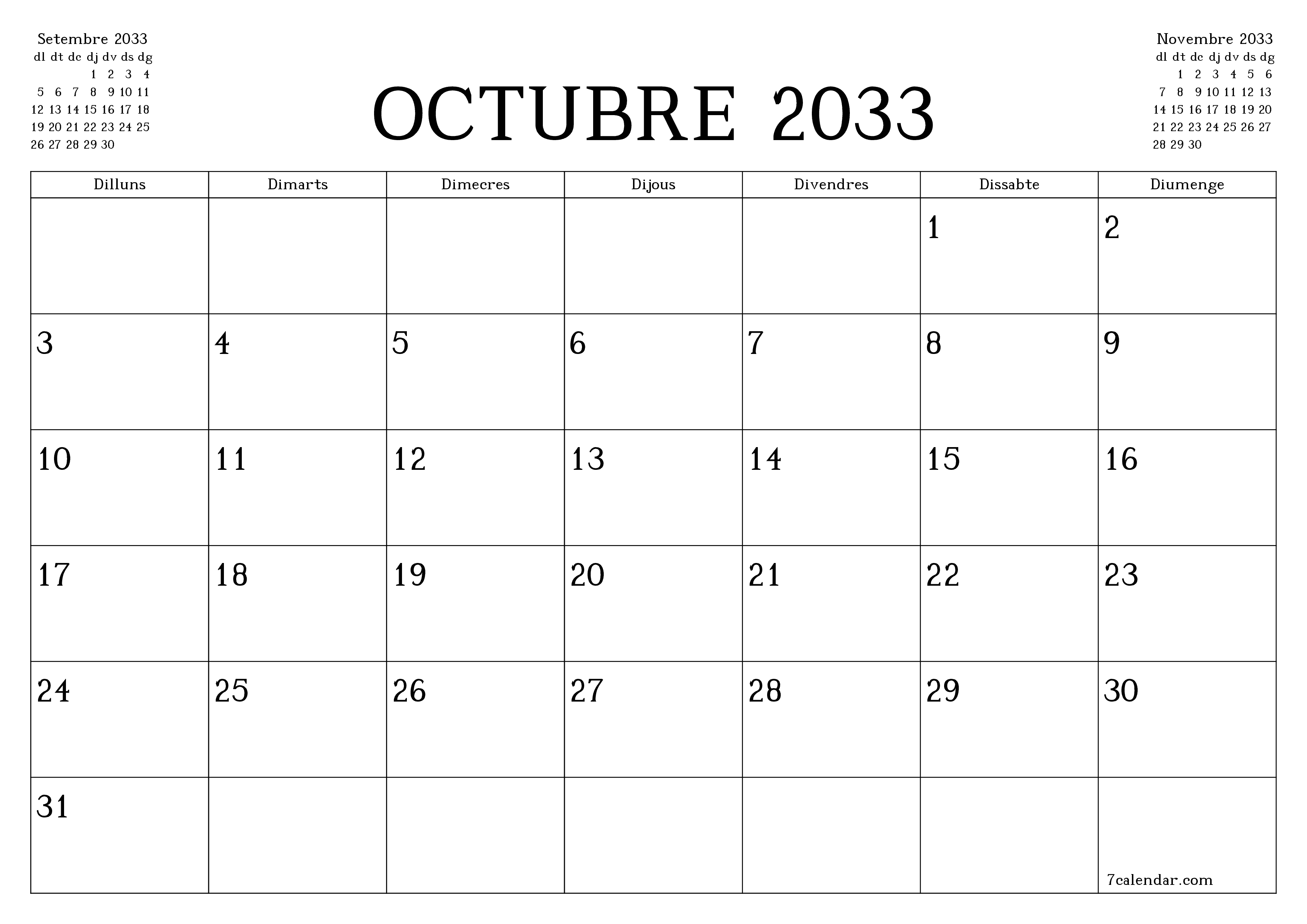 Planificador mensual buit del mes Octubre 2033 amb notes, deseu-lo i imprimiu-lo en format PDF PNG Catalan