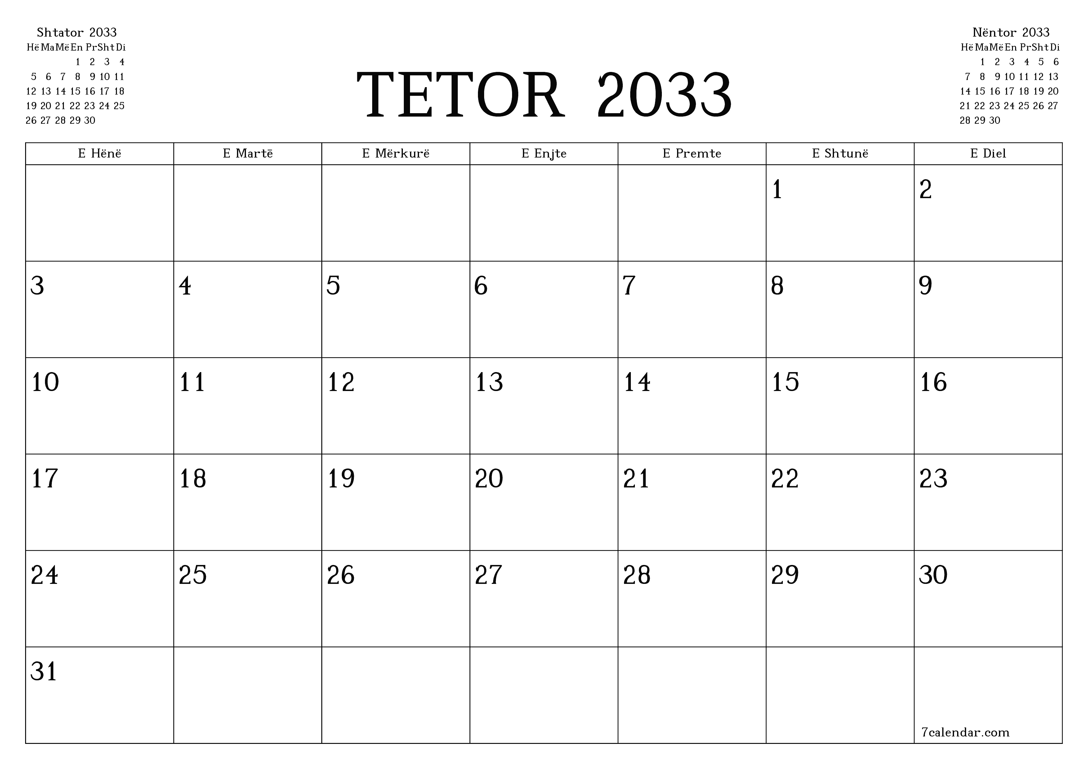 Planifikuesi i zbrazët i kalendarit mujor për muajin Tetor 2033 me shënime të ruajtura dhe të printuara në PDF PNG Albanian
