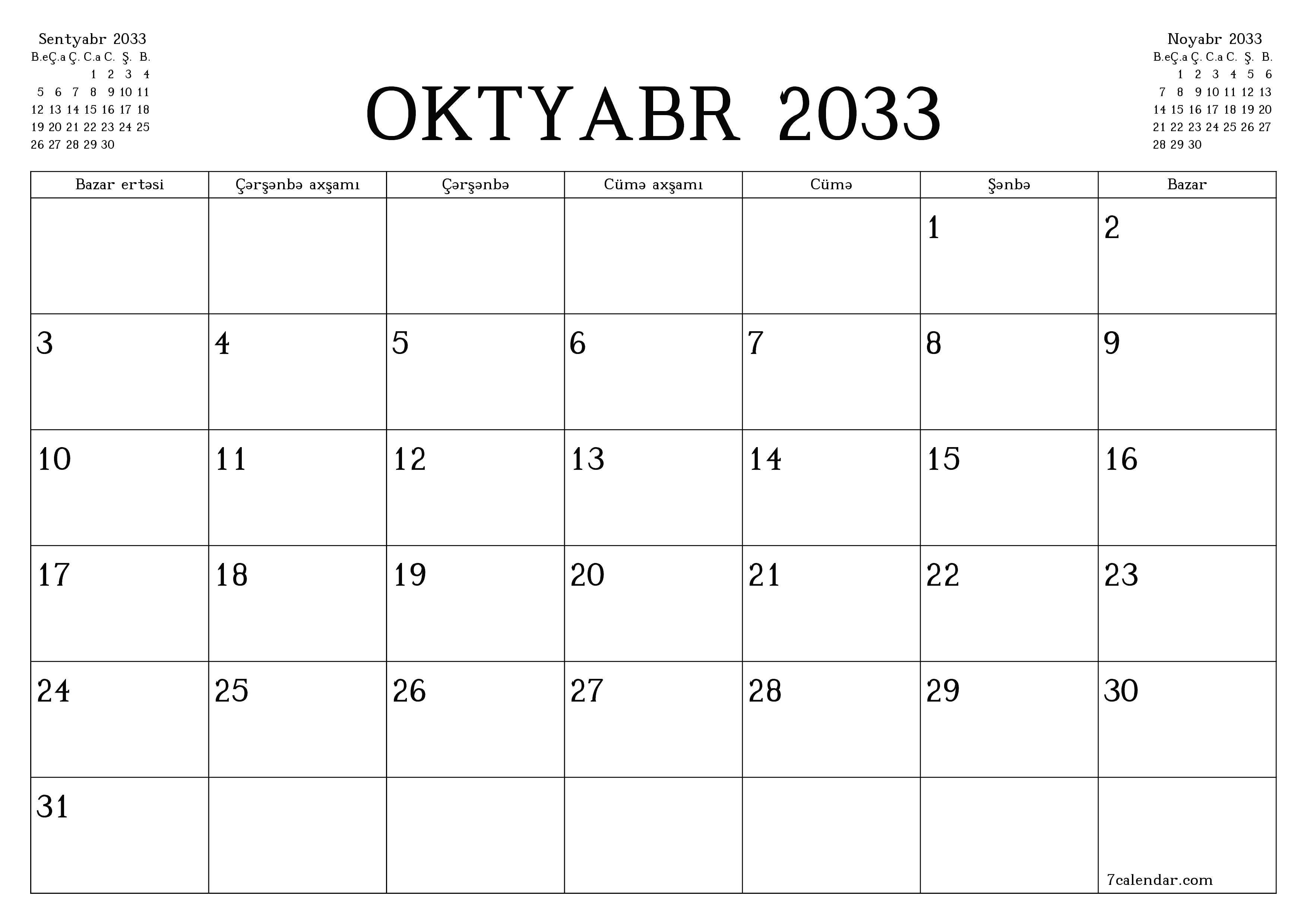 Oktyabr 2033 ayı üçün qeydlər ilə boş aylıq planlayıcı, qeyd edin və PDF-ə yazdırın PNG Azerbaijani